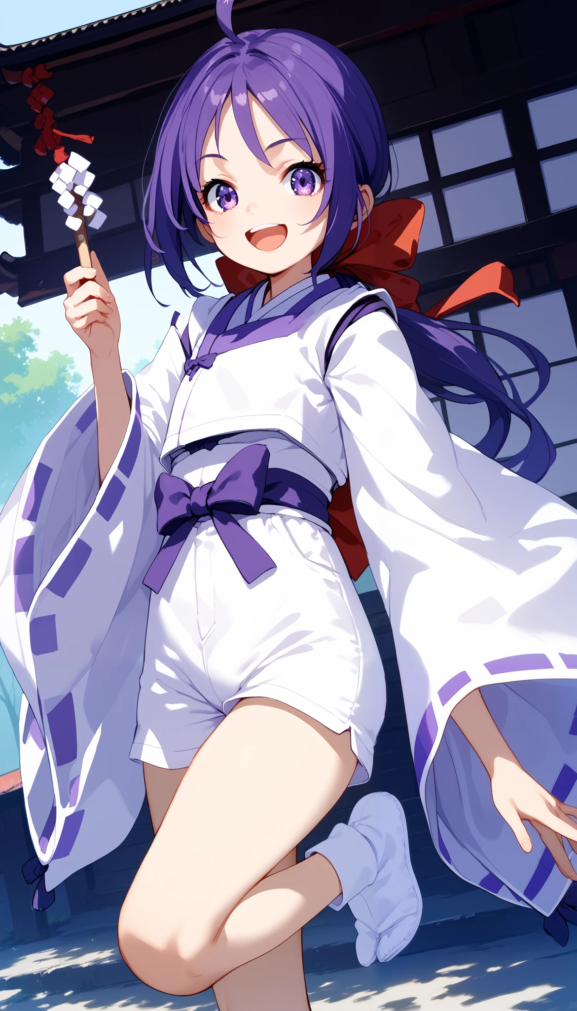 score_9, score_8_up, score_7_up, score_6_up, score_5_up, score_4_up, source_anime,newest,game cg,dutch angle, ultra-detailed face,1girl,solo, long hair, purple hair, ahoge, low ponytail, ribbon, purple eyes, japanese clothes, wide sleeves, onmyouji,white shorts, ribbon-trimmed sleeves,tabi,okobo,smile,open mouth,standing on one leg,