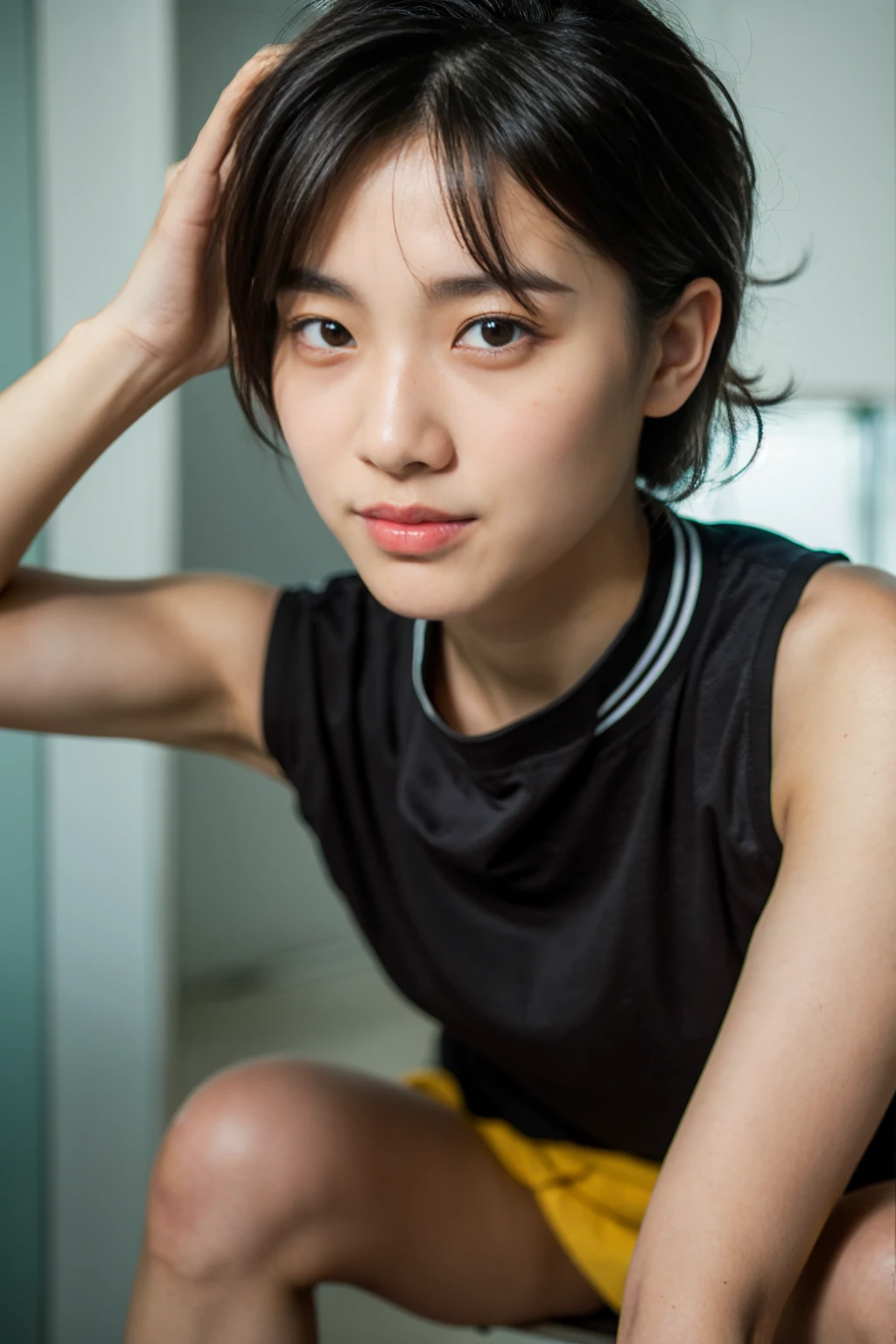 8K, masterpiece, RAW Photos, Highest quality, Realistic, High resolution CG Unity 8K wallpaper, Written boundary depth, Movie Light, Lens flare, Ray Tracing, 1 female (Very slim, thin, Beautiful body: 1.3), (so beautiful) face, Beautiful Lips), Beautiful Eyes) Full body portrait, 1 Girl, Spread your legs,Spread your legs,気持ちいface、White wall、 RealisticOL, Transparent swimsuit, 80 denier pantyhose, pumps , shiny medium hair, Looking at the audience, Highest quality, (arm) Folded)