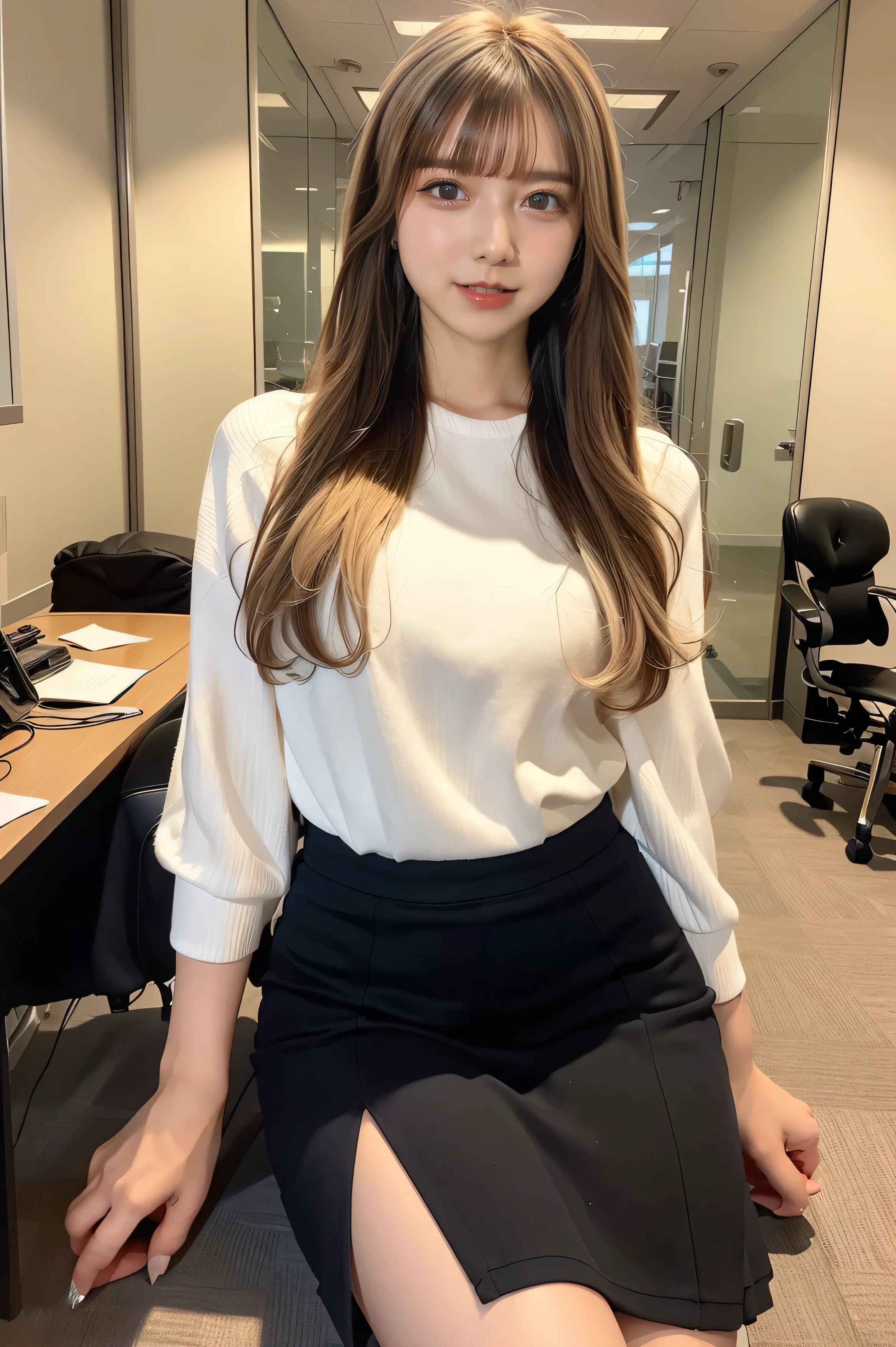 ( cowboy shot、 top quality 、8k、 Award-winning work 、 Ultra high resolution structure )、 ((( Head to toe images 、 full body photo)))、 Beauty 、( open white cutter shirt、tight mini skirt、スリットのあるtight mini skirt 、Sexy Breasts:1.1)、 Perfect big 、(blond hair:1.6)、 bright color contacts 、 PERFECT GAL MAKEUP、 bright and shiny lipstick 、Very sexy lips、( Dark makeup for women :1.2)、( perfect beauty tooth {x} Many people with prominent teeth have ultra-high-resolution structures. {x} dark brown and beige with a gold pattern :1.1)、 beautiful bright eyeshadow 、 dark makeup 、( big breasts:1.2)、 Very Long Wavy Hair 、(Romantic affection:1.1)、 he looks at me with his best smile 、( Office background image with beautiful details ...................:1.1)、( Brightwitting、 Detailed and beautiful Office background:1.1)、( beautiful Office background :1.1)、 accurate anatomy、 Ultra HD Hair 、( perfect 美しい teeth with Ultra high resolution structure :1.1)、 Super high resolution face of a beautiful product 、 ultra HD curls super long hair 、 crystal clear bang 、Ultra HD Shining Eyes、 Ultra High Resolution Structure made by CALVIN KLEIN 、 Glossy lips with an Ultra high resolution structure 、 Harry Winston Necklace , CALVIN KLEINのスポーツブラジャー that accentuates the body line , Heavy chest, Show off your perfect body in a CALVIN KLEINのスポーツパンティ , 美しいDetails of Hawaiian beaches (Details of Office :1.2), ((bent legs 、 beautiful thighs 、 beautiful knees 、 Thick Bottom High Heels ))、(((Bare groin)))、