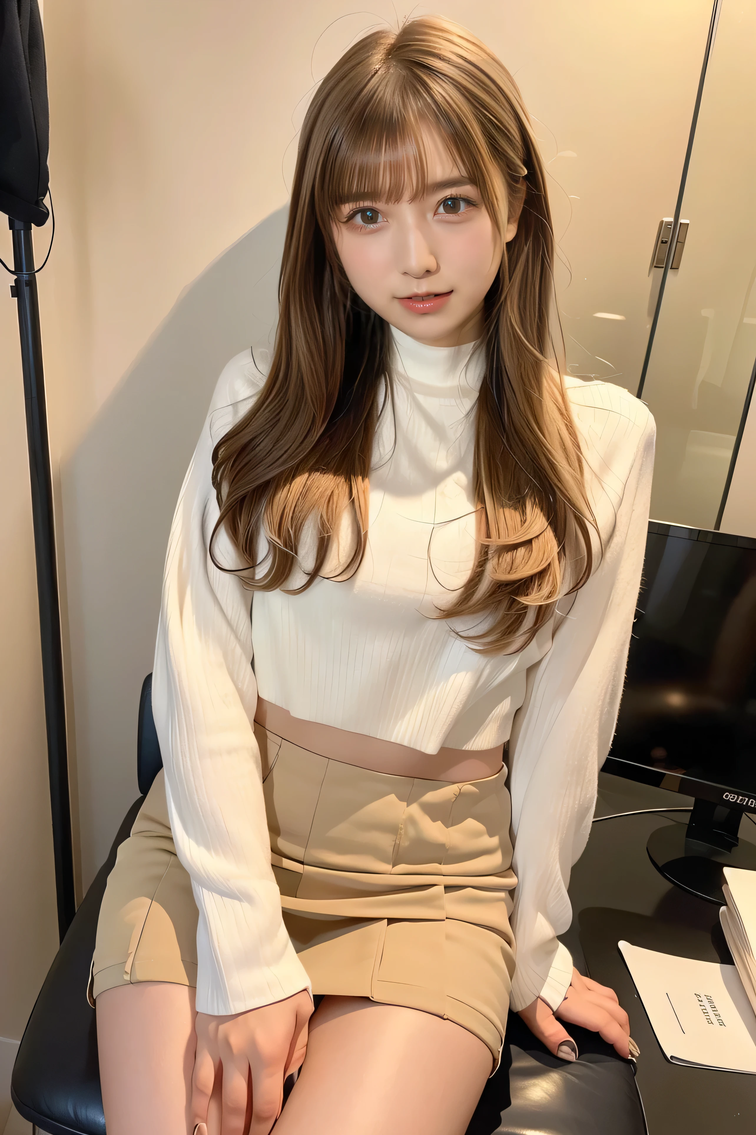 ( cowboy shot、 top quality 、8k、 Award-winning work 、 Ultra high resolution structure )、 ((( Head to toe images 、 full body photo)))、 Beauty 、( open white cutter shirt、tight mini skirt、スリットのあるtight mini skirt 、Sexy Breasts:1.1)、 Perfect big 、(blond hair:1.6)、 bright color contacts 、 PERFECT GAL MAKEUP、 bright and shiny lipstick 、Very sexy lips、( Dark makeup for women :1.2)、( perfect beauty tooth {x} Many people with prominent teeth have ultra-high-resolution structures. {x} dark brown and beige with a gold pattern :1.1)、 beautiful bright eyeshadow 、 dark makeup 、( big breasts:1.2)、 Very Long Wavy Hair 、(Romantic affection:1.1)、 he looks at me with his best smile 、( Office background image with beautiful details ...................:1.1)、( Brightwitting、 Detailed and beautiful Office background:1.1)、( beautiful Office background :1.1)、 accurate anatomy、 Ultra HD Hair 、( perfect 美しい teeth with Ultra high resolution structure :1.1)、 Super high resolution face of a beautiful product 、 ultra HD curls super long hair 、 crystal clear bang 、Ultra HD Shining Eyes、 Ultra High Resolution Structure made by CALVIN KLEIN 、 Glossy lips with an Ultra high resolution structure 、 Harry Winston Necklace , CALVIN KLEINのスポーツブラジャー that accentuates the body line , Heavy chest, Show off your perfect body in a CALVIN KLEINのスポーツパンティ , 美しいDetails of Hawaiian beaches (Details of Office :1.2), ((bent legs 、 beautiful thighs 、 beautiful knees 、 Thick Bottom High Heels ))、(((Bare groin)))、