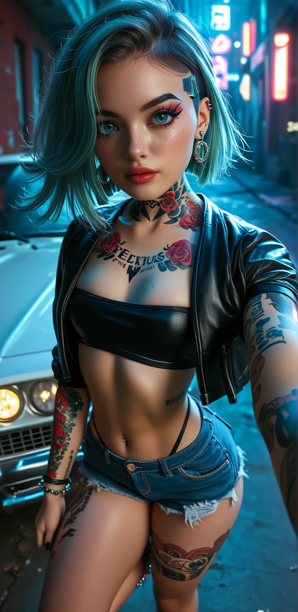 (masterpiece, High resolution, highest quality), ((20 year old woman, Composition from head to stomach, upper body focus)), fashion pose, detailed eyes, Full arm flower tattoo:1.2, Asymmetrical punk short hair:1.2, ash gray hair, Solid Tube Top :1.3, hot pants, blurred background, A deserted back alley in Paris:1.3, cinematic lighting, anime style, simple lines, digital painting