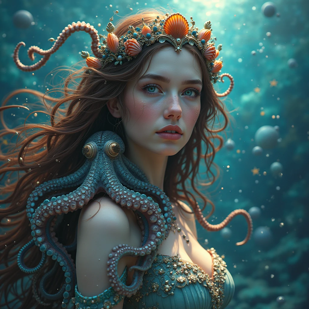 The Creature of the Deep In the locks of the ocean, an enigmatic figure emerges. A woman with the body of an octopus moves elegantly amidst a sea of lush hearts. Her tentacles undulate around her, while colorful corals provide a vibrant and enchanting backdrop. The combination of the mystical figure and the explosion of cores form a fascinating image.