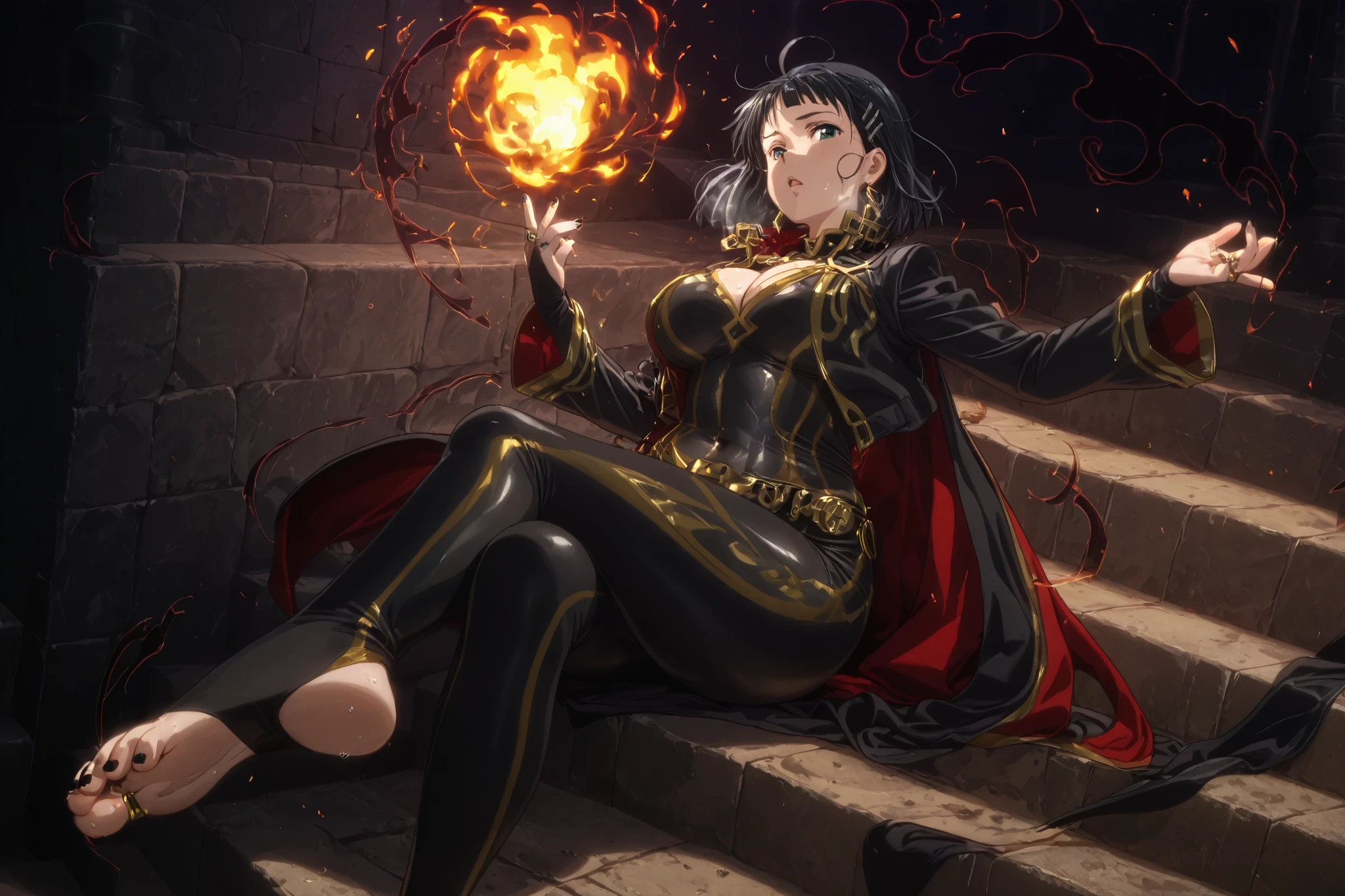 anime coloring, anime screencap, anime-style, detailed background, masterpiece, high quality, absurdres, best quality, very aesthetic, newest, dynamic composition, anatomical correct, HD, 4K, digital art, trending on ArtStation, perfect body, perfect eyes, perfect fingers, gasping, heavy breathing, excessive sweating, sweating, sweating profusely, gasping profusely, ((skindentation)), ((voluptuous)), suguha kirigaya, short hair, (black hair:1.3), hair ornament, hairclip, green eyes, mature female, bright pupils, (flabby stomach), plump, 1girl, breasts, toes, stirrup legwear, toeless legwear, feet, solo, jewelry, toenails, earrings, nail polish, fire, sitting, ahoge, soles, toenail polish, black nails, legs, stairs, toe ring, long sleeves, no shoes, full body, magic, cleavage, gold trim, parted lips, jacket, bodysuit, foot focus, looking at viewer, bridal legwear, foreshortening, barefoot, leggings, thighs, pants, clothing cutout, spread toes, crossed legs, black bodysuit, sitting on stairs, open mouth, wide sleeves, black pants, eyelashes, pyrokinesis, black jacket, fingernails, hands up, ring, cropped jacket, (aura:1.2), (black aura), cape