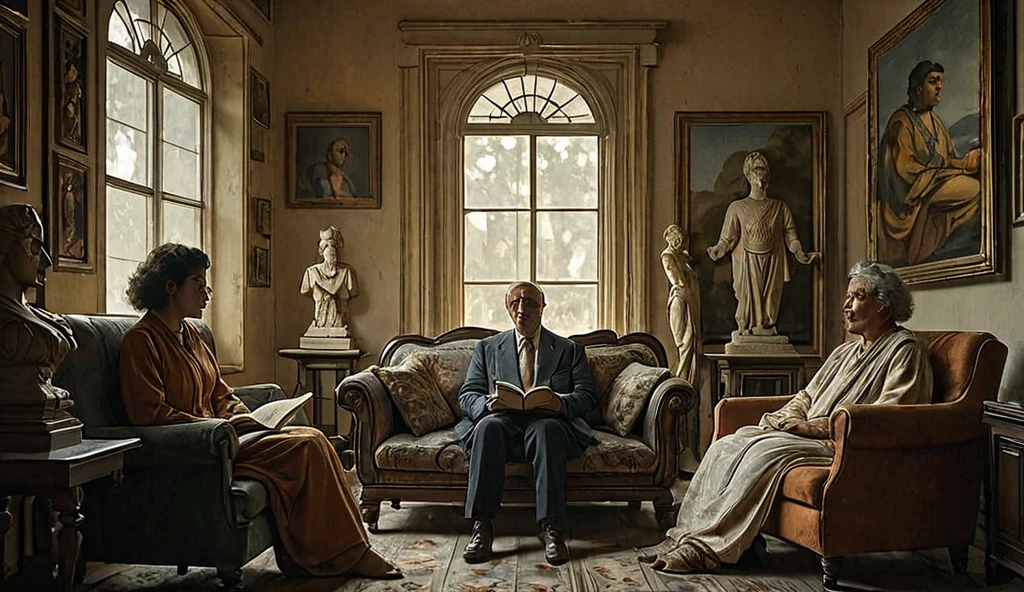 A young Salman Rushdie reading a book in his hood home in Bombay, 1950s, surrounded by Indian cultural artifacts.