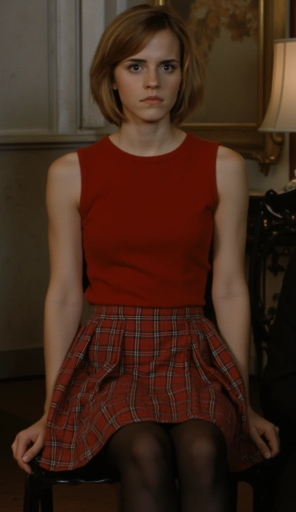Emma watson, gryffindor uniform, holding bdsm whip, top unbuttoned, short sleeve, perky ass