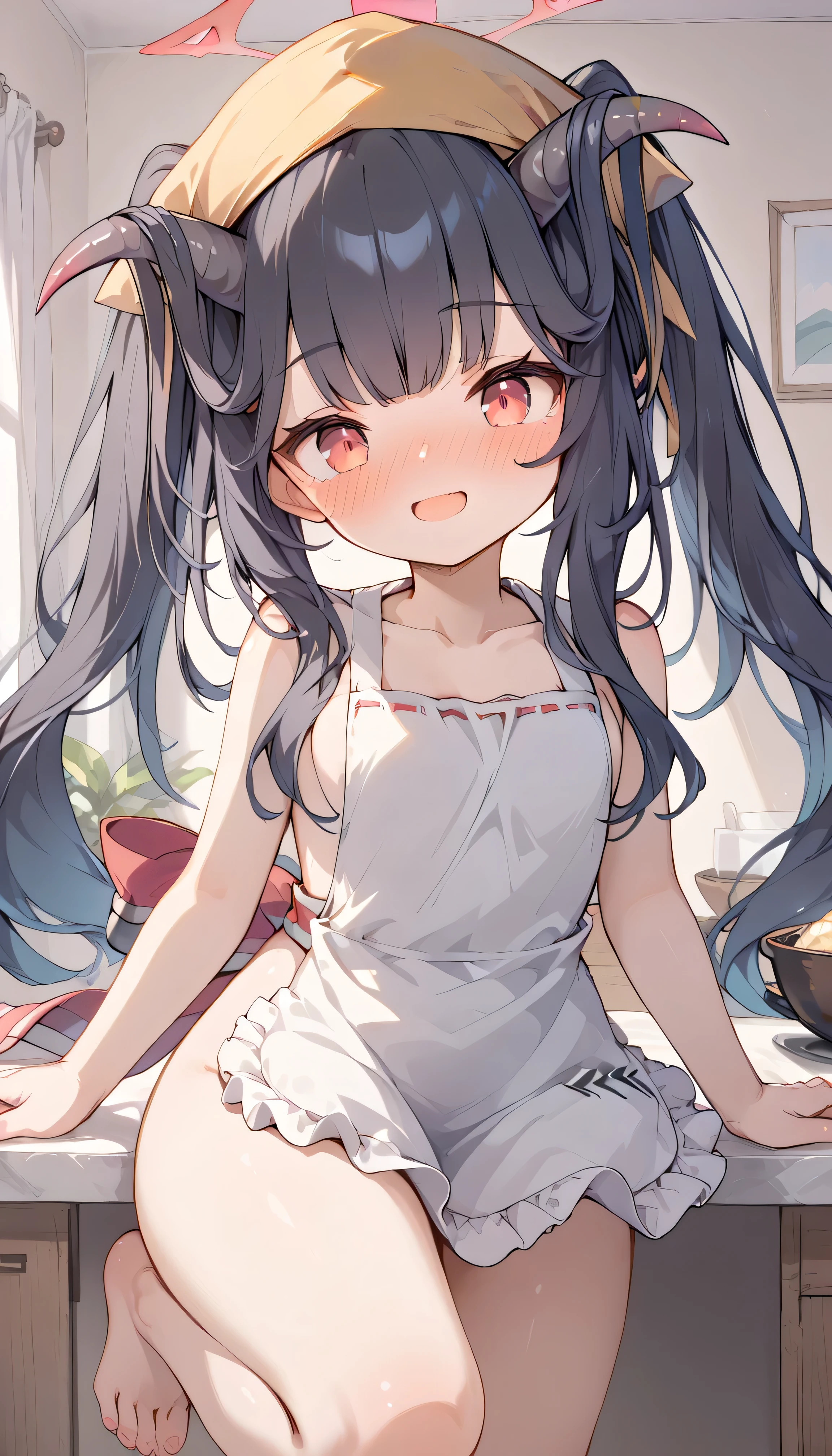Fuuka \(blue archive\),red eyes,horn,black hair,hair on horn,long hair,twintails,head scarf,apron, Alone, showing eyebrows from inside the hair , hair between their eyes, naked apron, is embarrassing, viewers, masterpiece, highest quality, very aesthetic, thick thighs, excited blush full-face blush indoors living Guest Room bare feet ((Bare arms)) smile