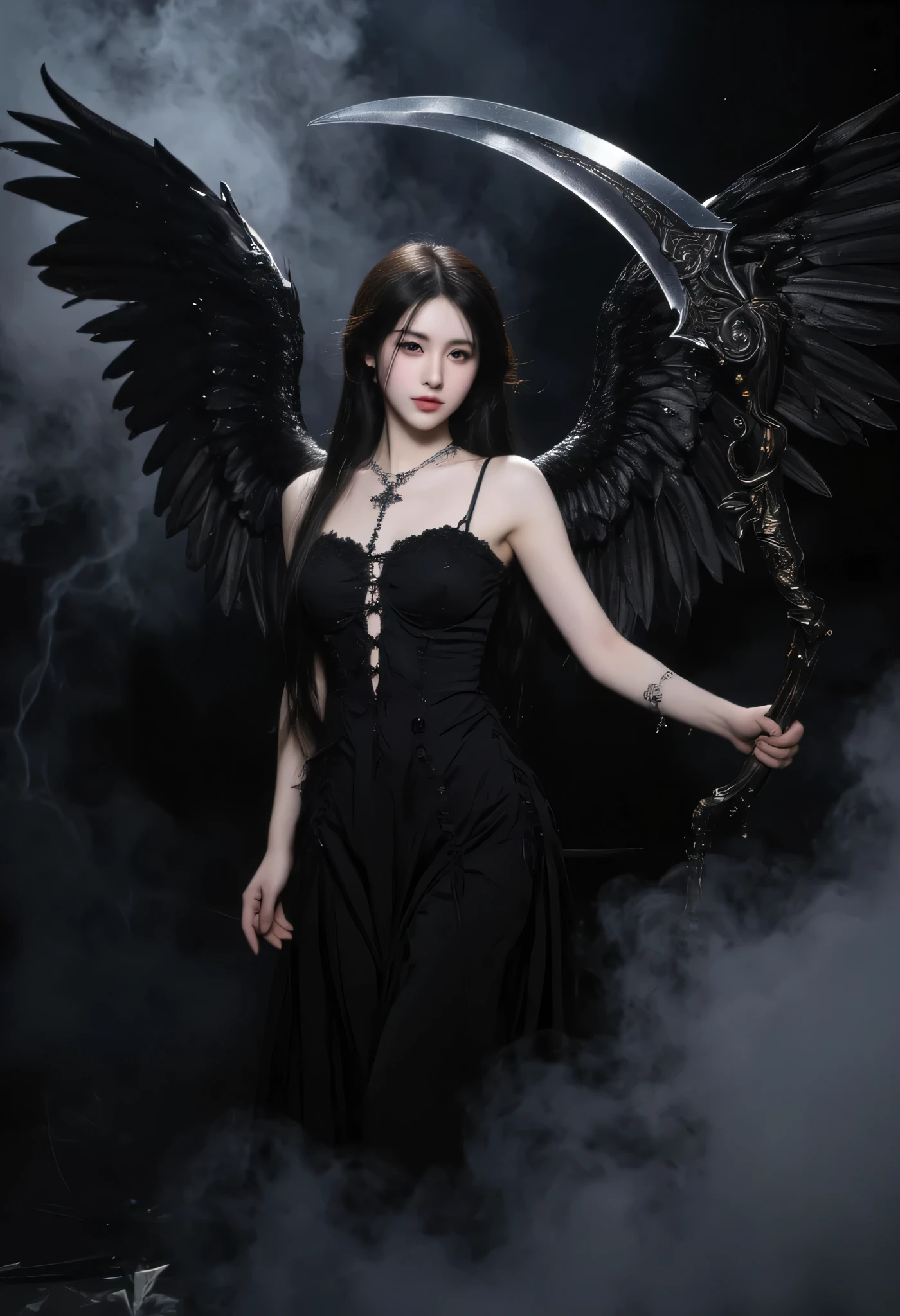 "A hauntingly beautiful Angel of Death stands in a dark, ethereal void, her presence both mesmerizing and terrifying. She wears a flowing black gown that moves like liquid shadow, its edges dissolving into mist. Her pale skin contrasts sharply with the darkness around her, and her piercing, glowing eyes seem to see into the very soul. Long, raven-black hair cascades down her back, framing her delicate yet ominous face. Large, tattered wings stretch behind her, their feathers darkened as if touched by oblivion. In her slender hands, she grips a massive, ornate scythe, its blade shimmering with an eerie glow. Wisps of ghostly energy swirl around her, and the air crackles with the weight of fate itself. She is neither cruel nor kind—only the inevitable force that comes to claim what is hers