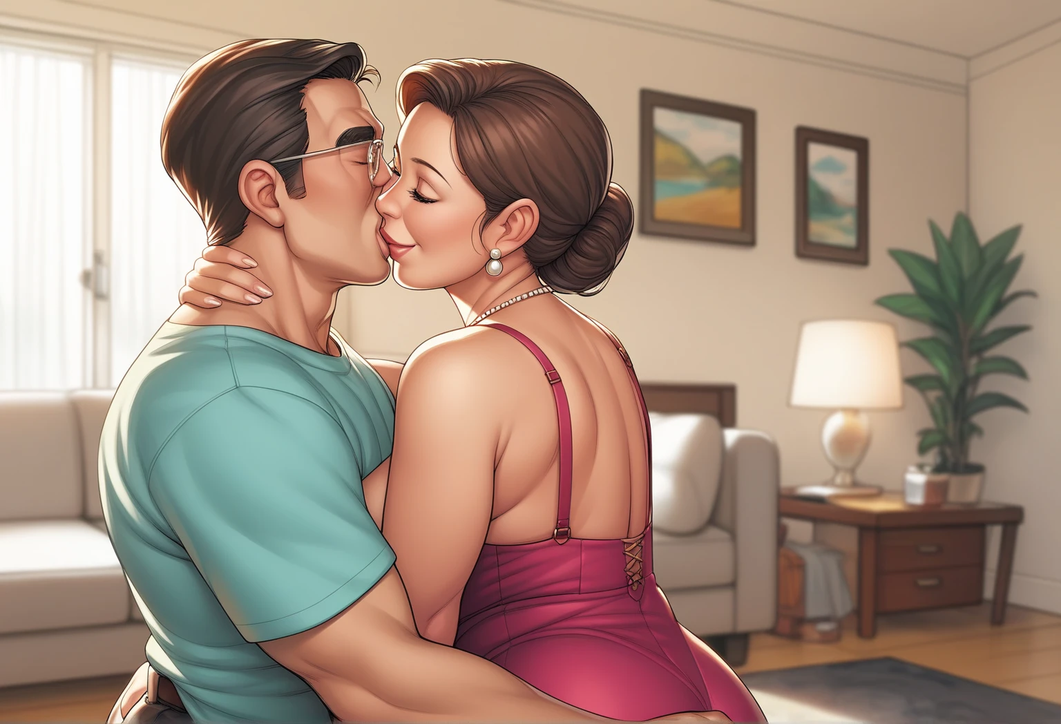 ((multiple thick body mature women age 40 American milf super model)) wearing string sleeveless dress, maid standing by watching, (((1man sitting on long couch 1woman smothering breasts on face, side view, standing raise hips, man kiss on cleavage open mouth tongue and drool, woman smiling looking at viewer, hand fingering sex))) greeting customer, show nipples exposed