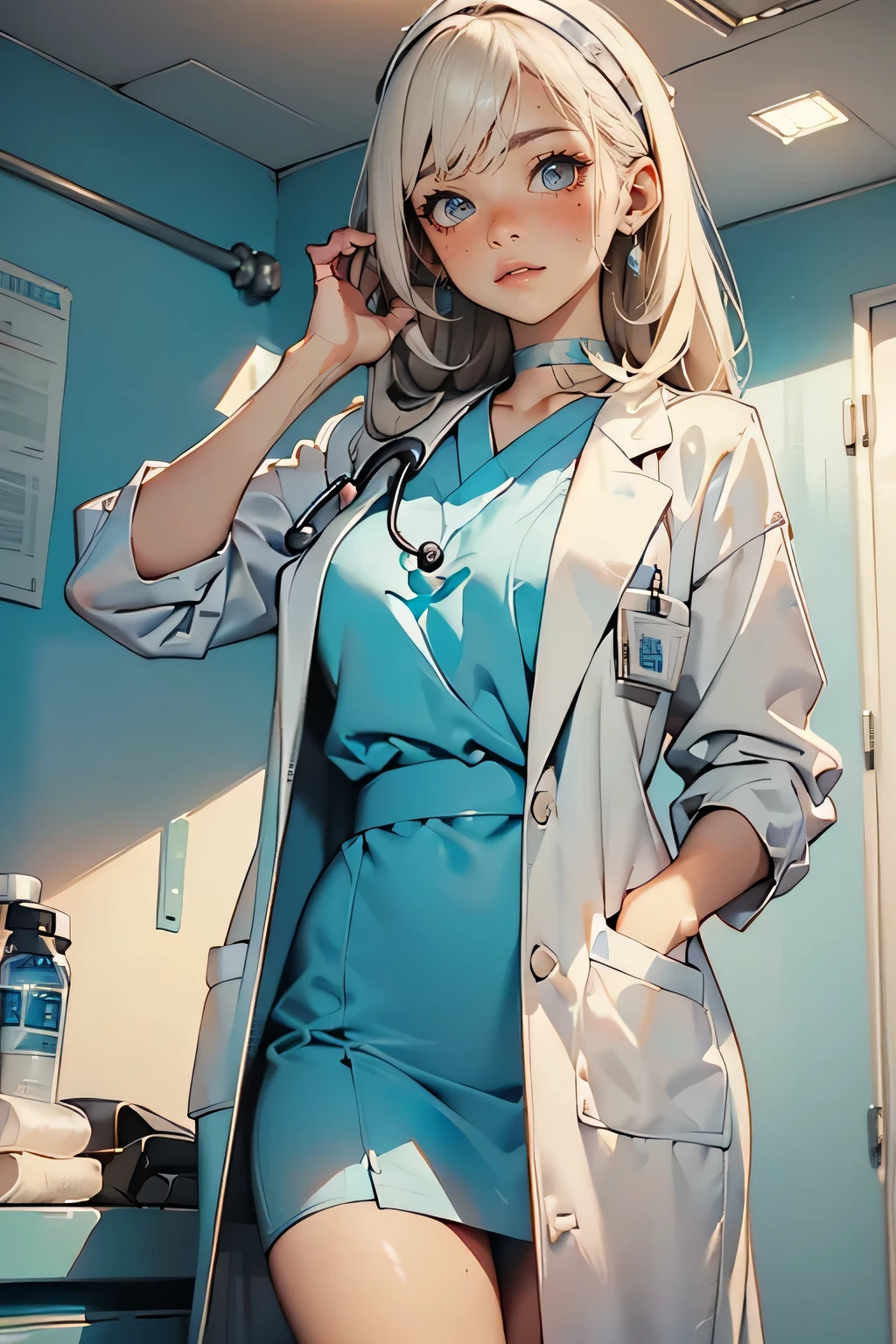 top quality, masterpiece, 8k, photorealist , 超 kampala, Very Delicate and Beautiful , kampala, movie light , intermediate shot, portrait, perfect woman's body , beautiful woman under hood, mature woman, Contrasting, put your hands on your head , and stare at the audience, ( female doctor :1.6、 stethoscope、Glass、clean, Wearing a white coat、Wearing a white coat髪をアップスタイルに )、Medical Gloves、name tag、Scrub Suits、 Examination Room, blue pantsuit,