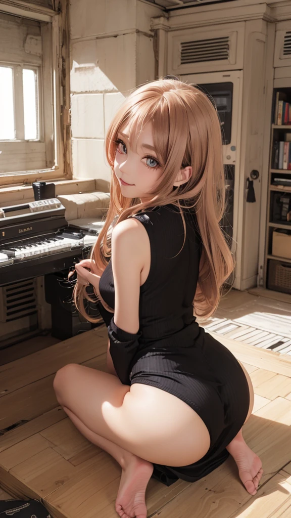 a cute smiling 1girl with long brown hair in a , , Thighs, Big Breasts, 大きなButt, Standing in the schoolyard, Adorable, (Highest quality,4K,8K,High resolution,masterpiece:1.2),Very detailed,(Realistic,photoRealistic,photo-Realistic:1.37),High resolution,Cinema Lighting,Intricate details,school environment,cute,sweet,Put your knees on your chest、panties、Butt、From the back