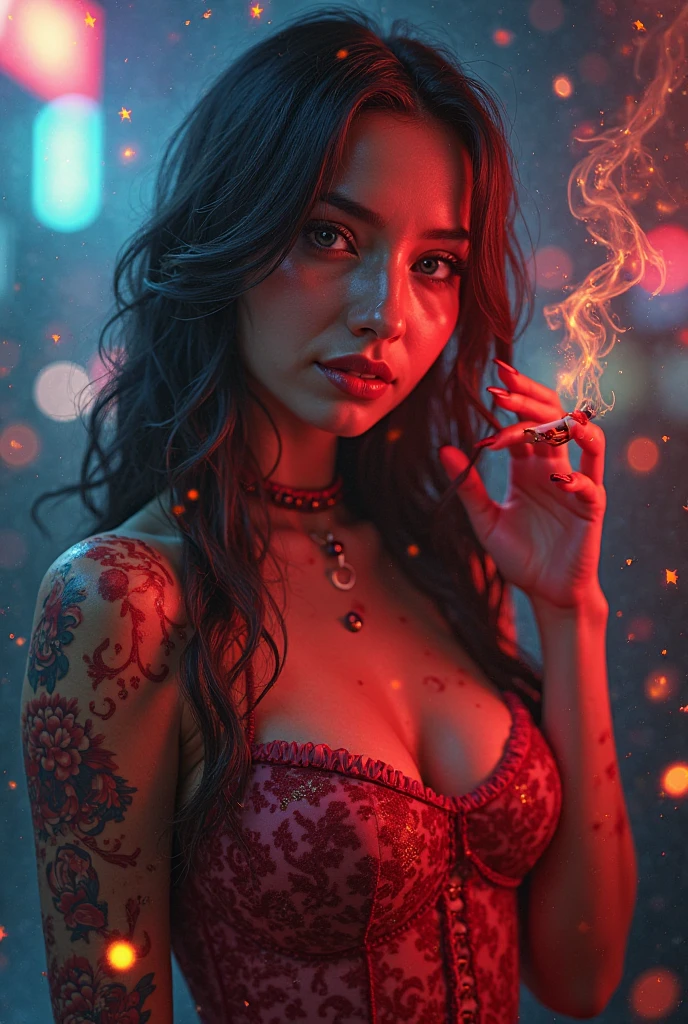 "Woman tattooed in lingerie in dark room with smoke, soft lighting of orange volcanic lampshade, penetrating look and realistic red, surrealism and vivid obscurity, transcendental and disturbing artistic style."