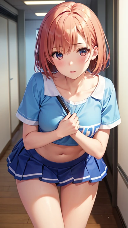 natsuki sitting in a locker room, holding school bag, wearing a blue bikini, looking at viewer, dutch angle, manga cover, 4k, masterpiece