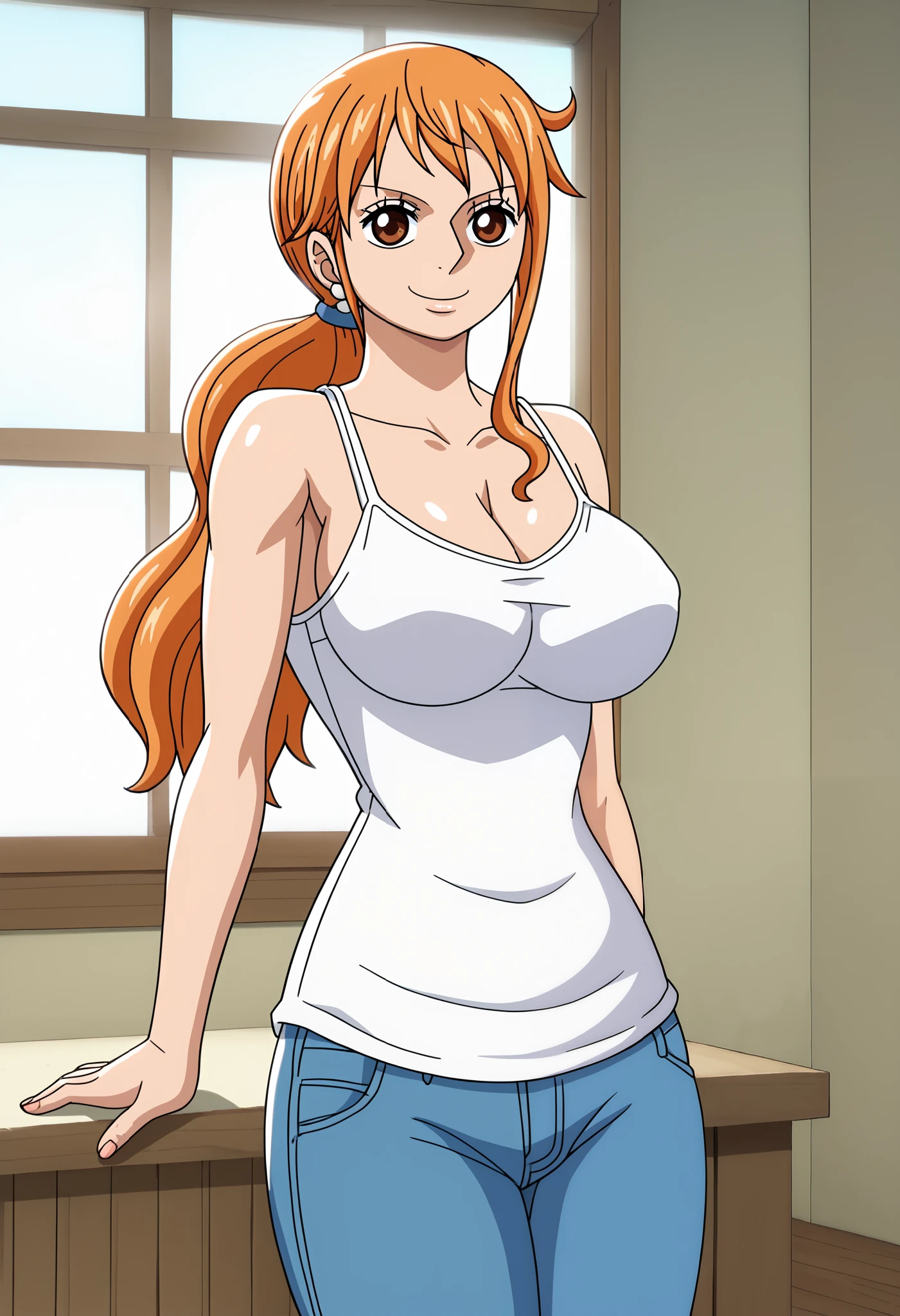 score_9_up, best quality, cowboy shot, anime_source, anime style, (SOLO:1.7), 1girl, Nami, orange hair, (white comesole:1.4), morning, (ponytail:1.7),  (serious smile:1.3), (curvy body:0.7),), (slightly looking at the viewer:1.2) (Medium breasts:1.5), jeans, (tiny biceps:1.2), looking forward, (slightly from right:0.6), (stretching1.5), (stretching:1.6), (springy breasts:1.6), (cheering:1.4)