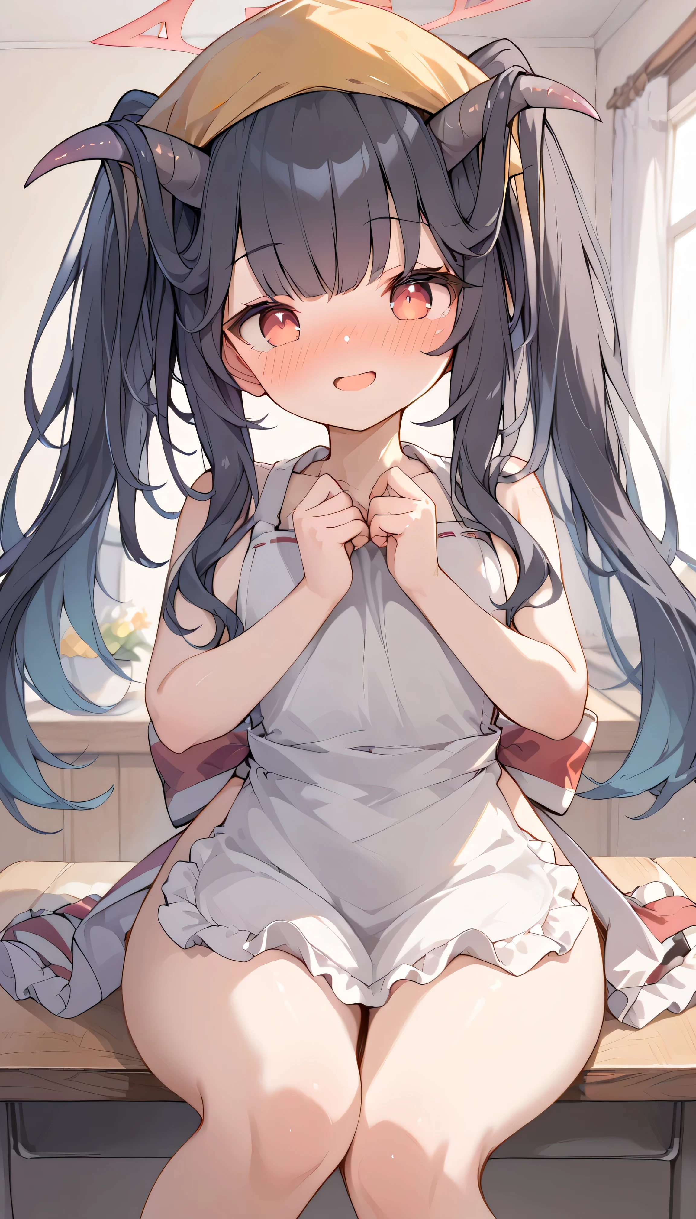 Fuuka \(blue archive\),red eyes,horn,black hair,hair on horn,long hair,twintails,head scarf,apron, Alone, showing eyebrows from inside the hair , hair between their eyes, naked apron, is embarrassing, viewers, masterpiece, highest quality, very aesthetic, thick thighs, excited blush full-face blush indoors living Guest Room bare feet ((Bare arms)) smile
