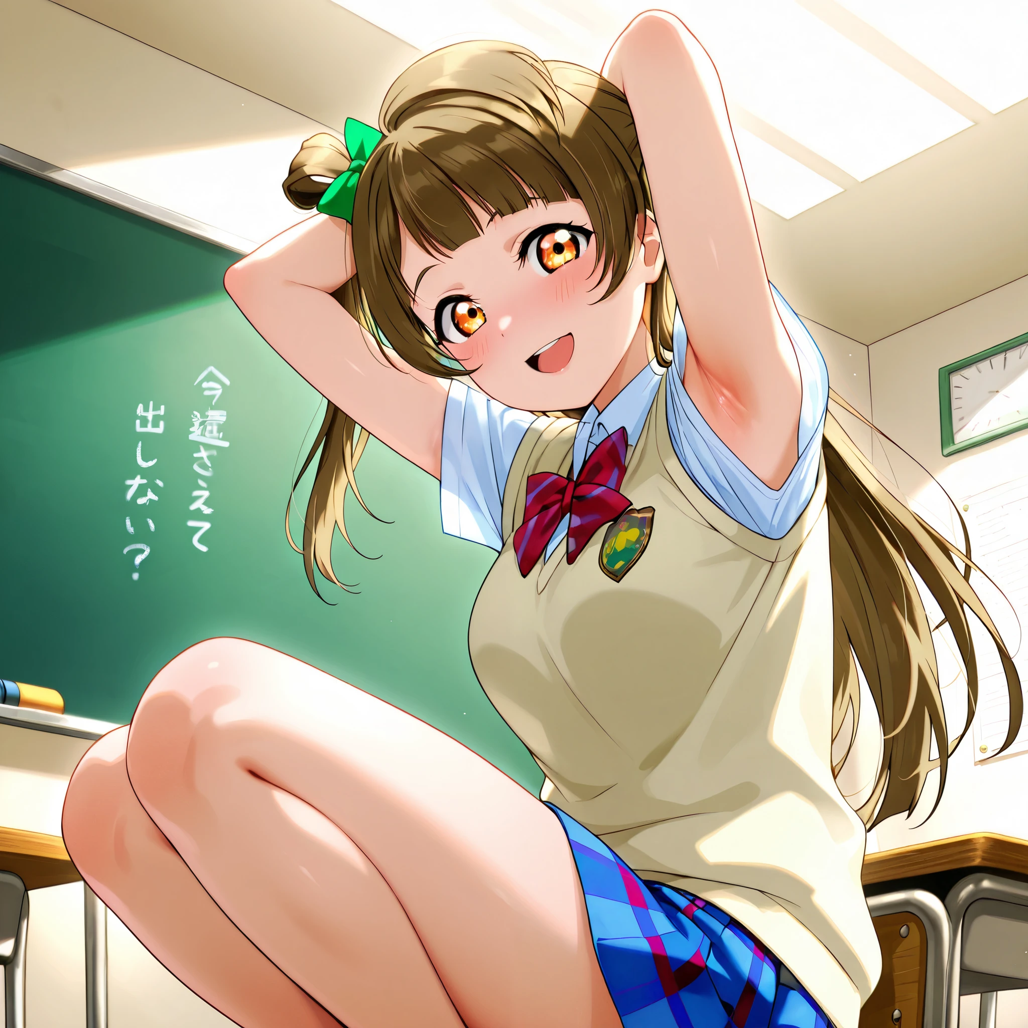 lovelive_kotori,
sweater vest, short sleeves, blue plaid skirt, red bowtie, breasts, grayish brown hair, green hair bow, bangs, one side up, long hair, amber eyes,
,BREAK, armpit, arms over head, focus on armpit,
smile, ,scorn,open mouth, (cheerful),looking down at viewer,\(red blush\), embarrassed,
BREAK,
,sitting,looking down at viewer,Squatting,
from side,show armpit from short sleeves,
((masutepiece,hight resolution)), masutepiece, Best Quality, , absurderes, Perfect Skin, Detailed skin texture, ultra-detailliert, 8K, Intricate details, beautifull detailed face,hight resolution, 1girl ,from front,
indoors,class room