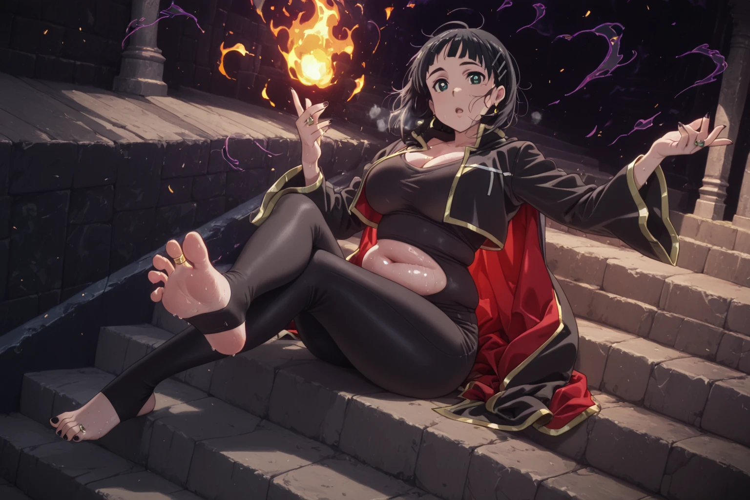 anime coloring, anime screencap, anime-style, detailed background, masterpiece, high quality, absurdres, best quality, very aesthetic, newest, dynamic composition, anatomical correct, HD, 4K, digital art, trending on ArtStation, perfect body, perfect eyes, perfect fingers, gasping, heavy breathing, excessive sweating, sweating, sweating profusely, gasping profusely, ((skindentation)), ((voluptuous)), suguha kirigaya, short hair, (black hair:1.3), hair ornament, hairclip, green eyes, mature female, bright pupils, (flabby stomach), plump, 1girl, breasts, toes, stirrup legwear, toeless legwear, feet, solo, jewelry, toenails, earrings, nail polish, fire, sitting, ahoge, soles, toenail polish, black nails, legs, stairs, toe ring, long sleeves, no shoes, full body, magic, cleavage, gold trim, parted lips, jacket, bodysuit, foot focus, looking at viewer, bridal legwear, foreshortening, barefoot, leggings, thighs, pants, clothing cutout, spread toes, crossed legs, black bodysuit, sitting on stairs, open mouth, wide sleeves, black pants, eyelashes, pyrokinesis, black jacket, fingernails, hands up, ring, cropped jacket, (aura:1.2), (black aura), cape
