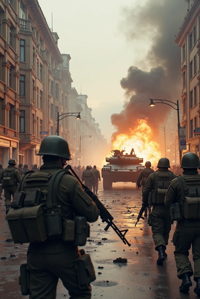 soldiers are walking down a street with a fire in the background, with anamorphic lenses, inspired by Tadeusz Dominik, attack zombie during worldwar 2, epic scene full of computers, screengrab, maxon one, the crowd flees the village, tanks crashed, riot entertainment, warsaw, orcs, holy imagery --auto --s2
