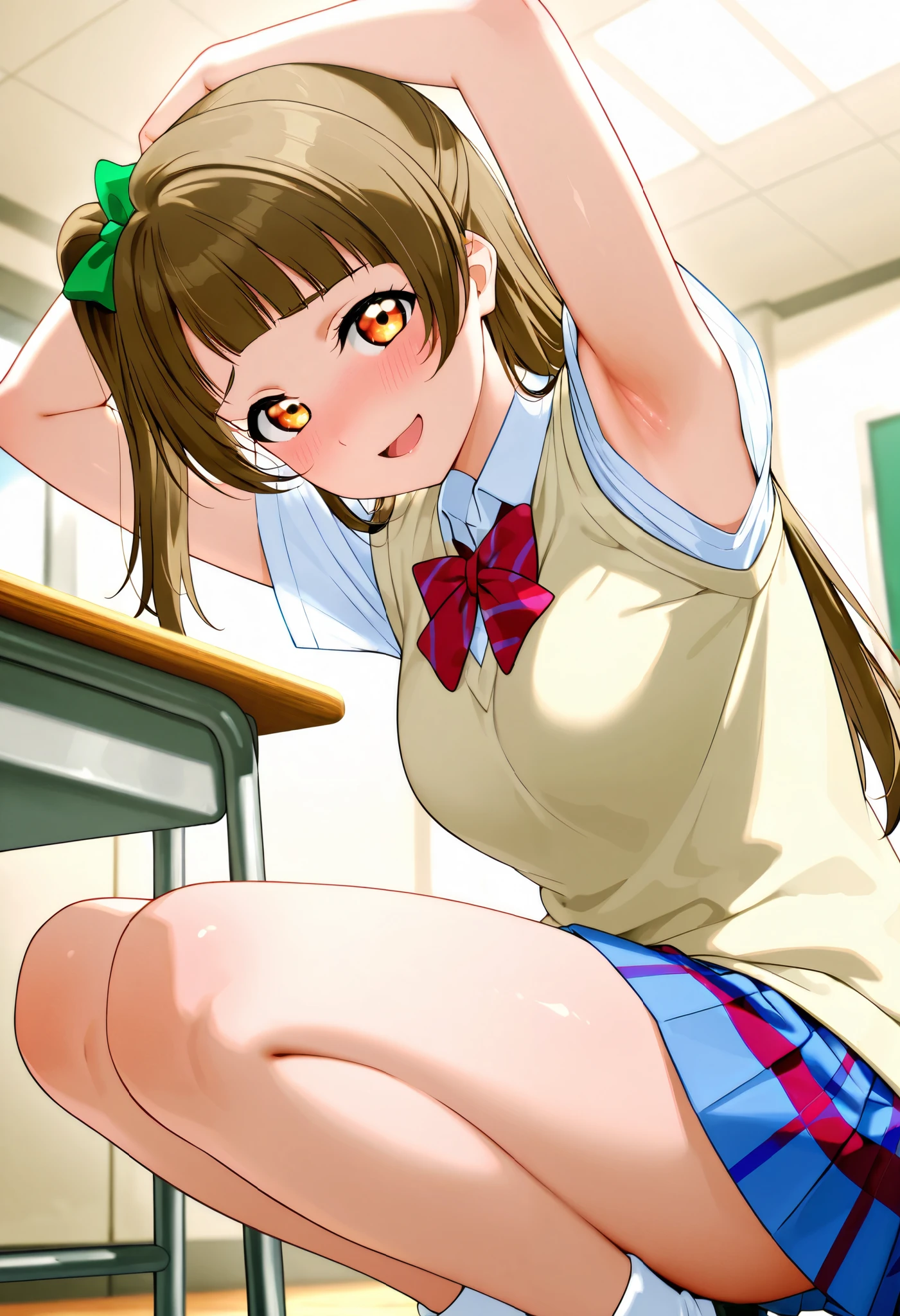lovelive_kotori,
sweater vest, short sleeves, blue plaid skirt, red bowtie, breasts, grayish brown hair, green hair bow, bangs, one side up, long hair, amber eyes,
,BREAK, armpit, arms over head, focus on armpit,
smile, ,scorn,open mouth, (cheerful),looking down at viewer,\(red blush\), embarrassed,
BREAK,
,sitting,looking down at viewer,Squatting,
from side,show armpit from short sleeves,
((masutepiece,hight resolution)), masutepiece, Best Quality, , absurderes, Perfect Skin, Detailed skin texture, ultra-detailliert, 8K, Intricate details, beautifull detailed face,hight resolution, 1girl ,from front,
indoors,class room
