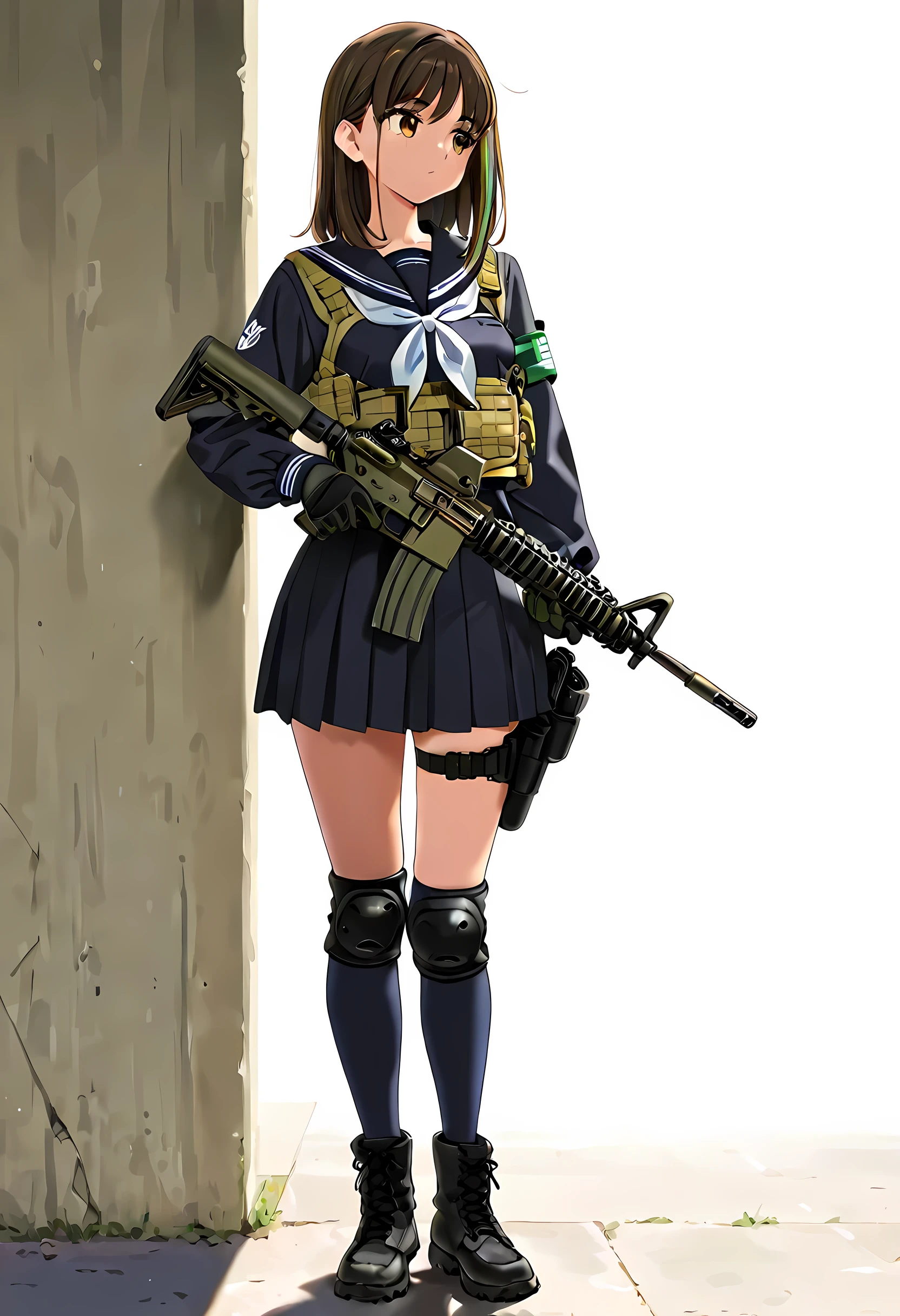masterpiece, best quality, 8K, high detailed, Anime artwork, vector illustration, (yd\(orange maru\):0.9), (reizei\(cyclone\):0.6), (ame\(uten cancel\):0.4), school uniform, JK, Cinematic Girls With Guns Style, 1girl, solo, white background, standing, full body, front view, looking to the right, (black sailor uniform:1.5), Long sleeve, 180㎝, yellow green medium hair, yellow green eyes, slant eyes, Stern face showing strong determination, closed mouth, (detailed beautiful face and eyes:1.6), medium breasts, (slender:1.4), (Holding the gun in the rest position1.4), (assault rifle m4a1 cqbr:1.4), (ballistic vest:1.2), Magazine pouch, over-kneehighs\(black\), black Military Gloves, Military Knee Pads, Leg Holster, black Military boots\(United States Army\)