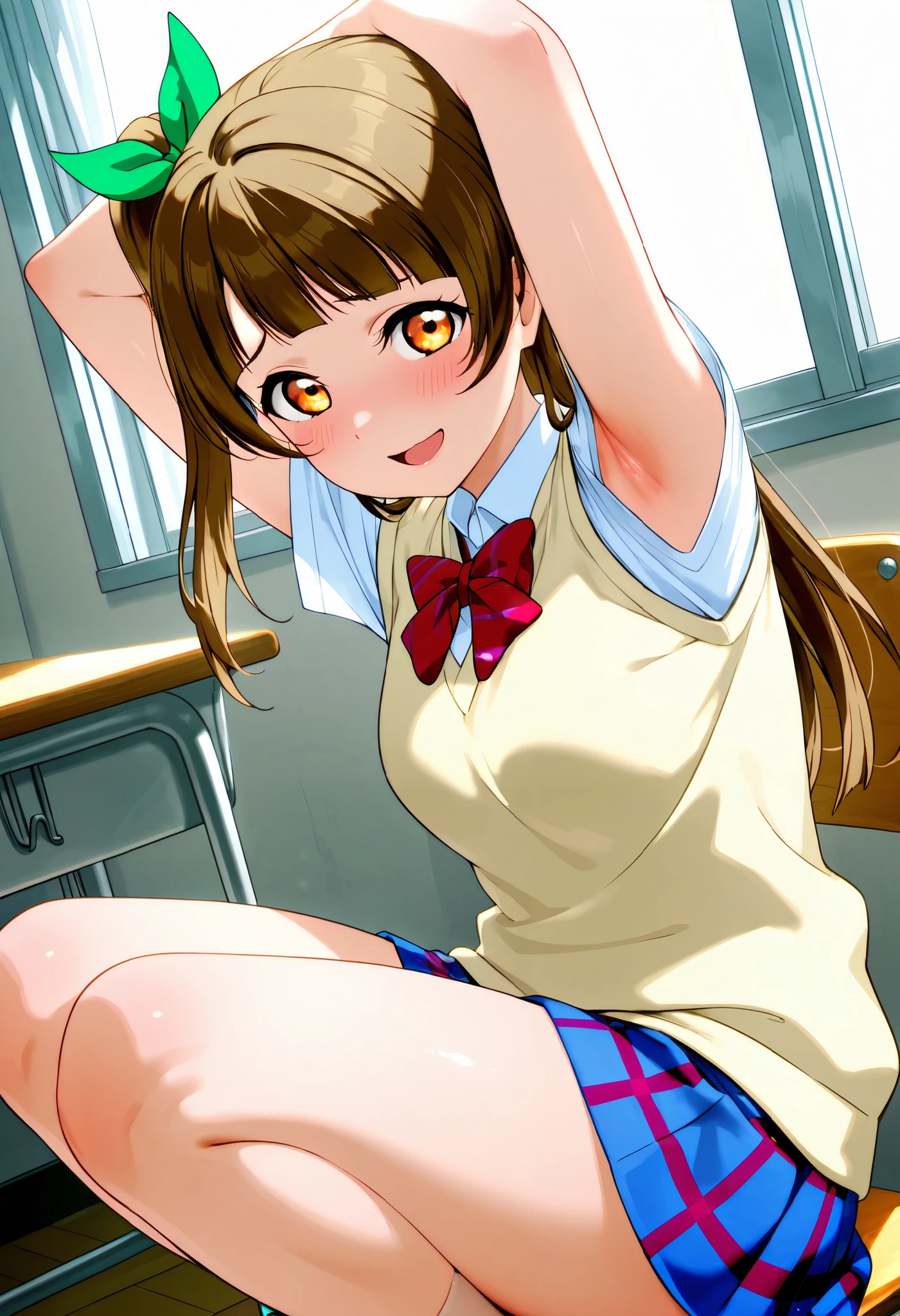 lovelive_kotori,
sweater vest, short sleeves, blue plaid skirt, red bowtie, breasts, grayish brown hair, green hair bow, bangs, one side up, long hair, amber eyes,
,BREAK, armpit, arms over head, focus on armpit,
smile, ,scorn,open mouth, (cheerful),looking down at viewer,\(red blush\), embarrassed,
BREAK,
,sitting,looking down at viewer,Squatting,
from side,show armpit from short sleeves,
((masutepiece,hight resolution)), masutepiece, Best Quality, , absurderes, Perfect Skin, Detailed skin texture, ultra-detailliert, 8K, Intricate details, beautifull detailed face,hight resolution, 1girl ,from front,
indoors,class room