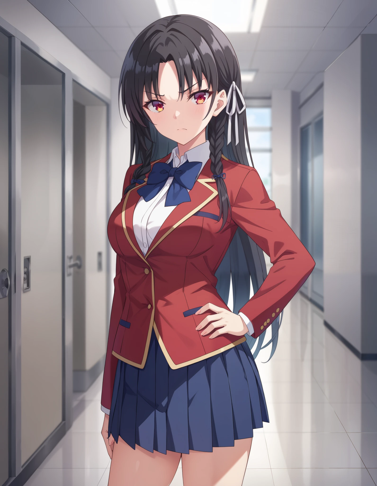 Masterpiece, hd, best quality, 1girl, kiyotaka_ayanokouji, long hair, hair ribbon, black hair,red eyes, braided hair, medium breasts , bangs, parted bangs, school uniform, jacket, necktie, red blazer, blue bowtie tie, shirt, white pleated skirt, collared shirt, looking at viewer, standing, indoor, school hallway, hand on hips, angry
