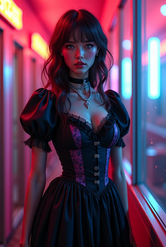 ((Vampire Woman: Red eyes、curly hair、Very sensual),(Walk gracefully along bustling urban boulevards),(In the moonlight),(a scene from a movie:1.2))