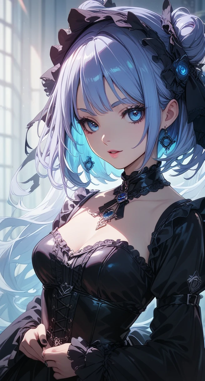 (masterpiece, top quality, very aesthetic, 4k、illustration), intricate detail, 1woman,solo,contrapposto 、(tareme)、Strong glowing eyes、blunt bangs,Fair skin,(upper body)、cold face、twintails、twin drills、(Blue lipstick),beautiful face、Blushing,(gradient hair)、multicolored hair,middle hair,sidelock ,blue eyes、Shoulderless gothic ta dress、medium breasts、slender 、