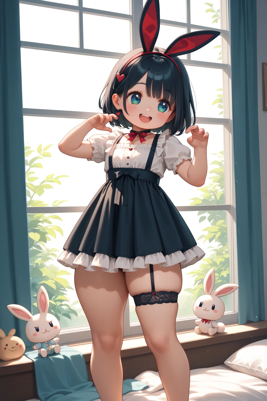 (nsfw:1) short stature best_quality hair streaked pink summer room wear black hair full body small tits litture thigh high cute child body shape masterpiece plain clothes anime 1girl medium hair skirlt lift side_tie_panties {{{cameltoe}}} hair over one eye see-through