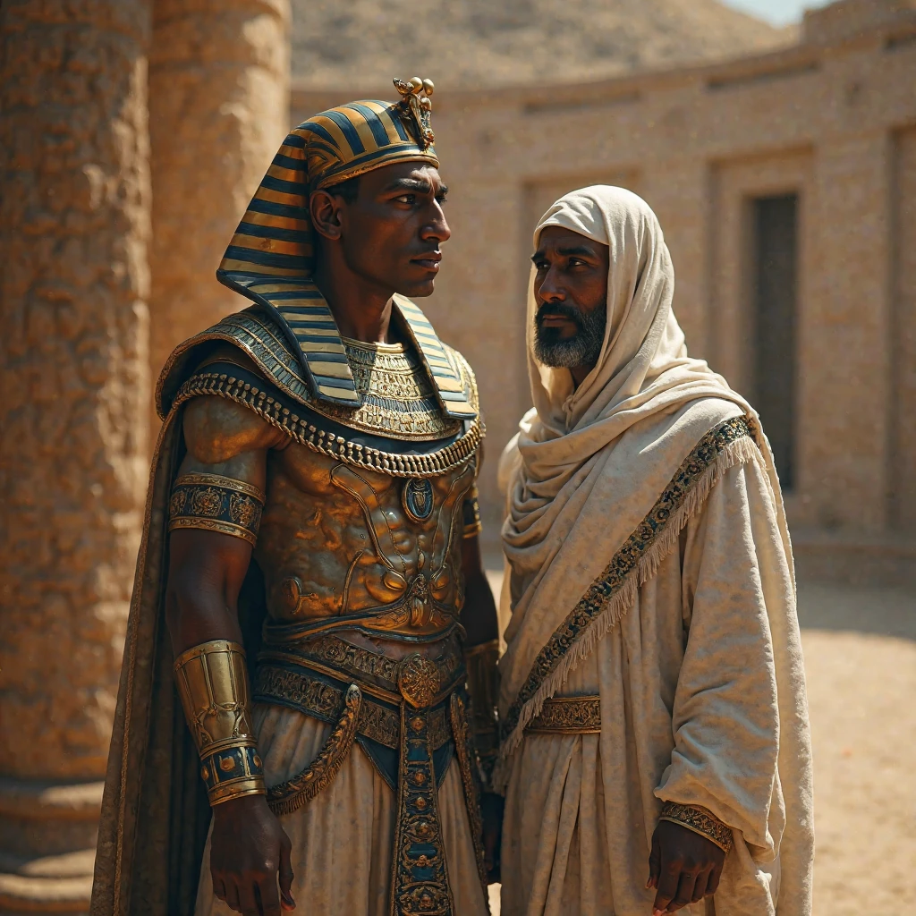 oil painting, Egyptian pharaoh in the foreground and Egyptian priest in the background, dressed in a dark robe, which covers his head, with a serious expression on his face.