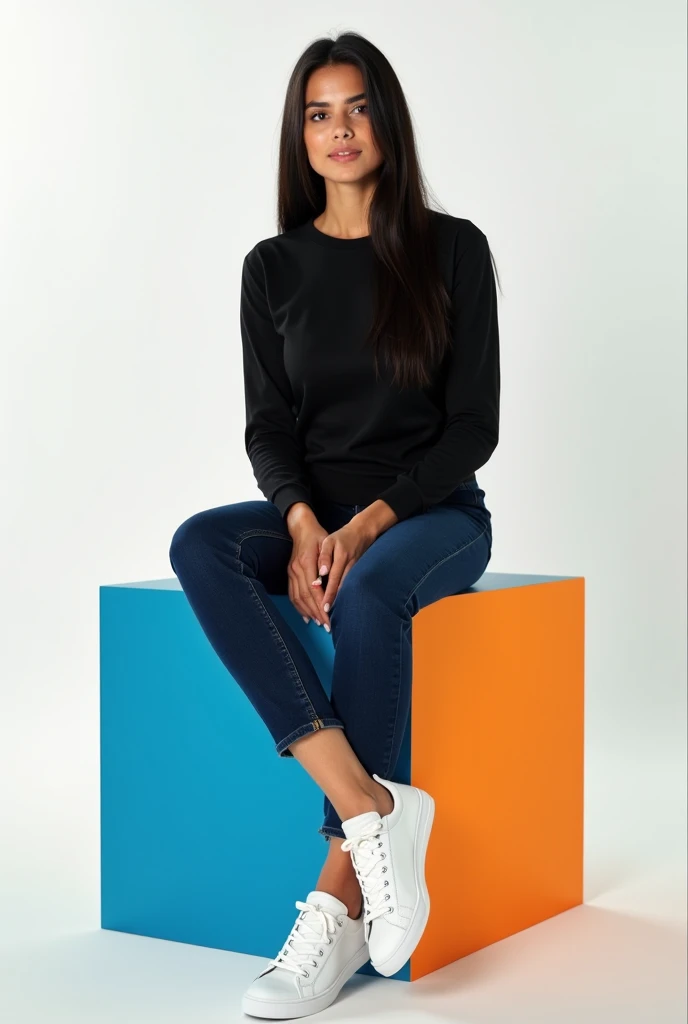 better quality:1.4), (Ultra High Resolution:1.2), (photorealistic:1.4), (8k, RAW photo:1.2),  a Brazilian woman .  have fair skin. He has dark brown eyes . She has long straight black hair. He's wearing a black long sleeve shirt. She's wearing navy blue jeans. She is wearing white sneakers . She is sitting on top of a colored cube on a white background.