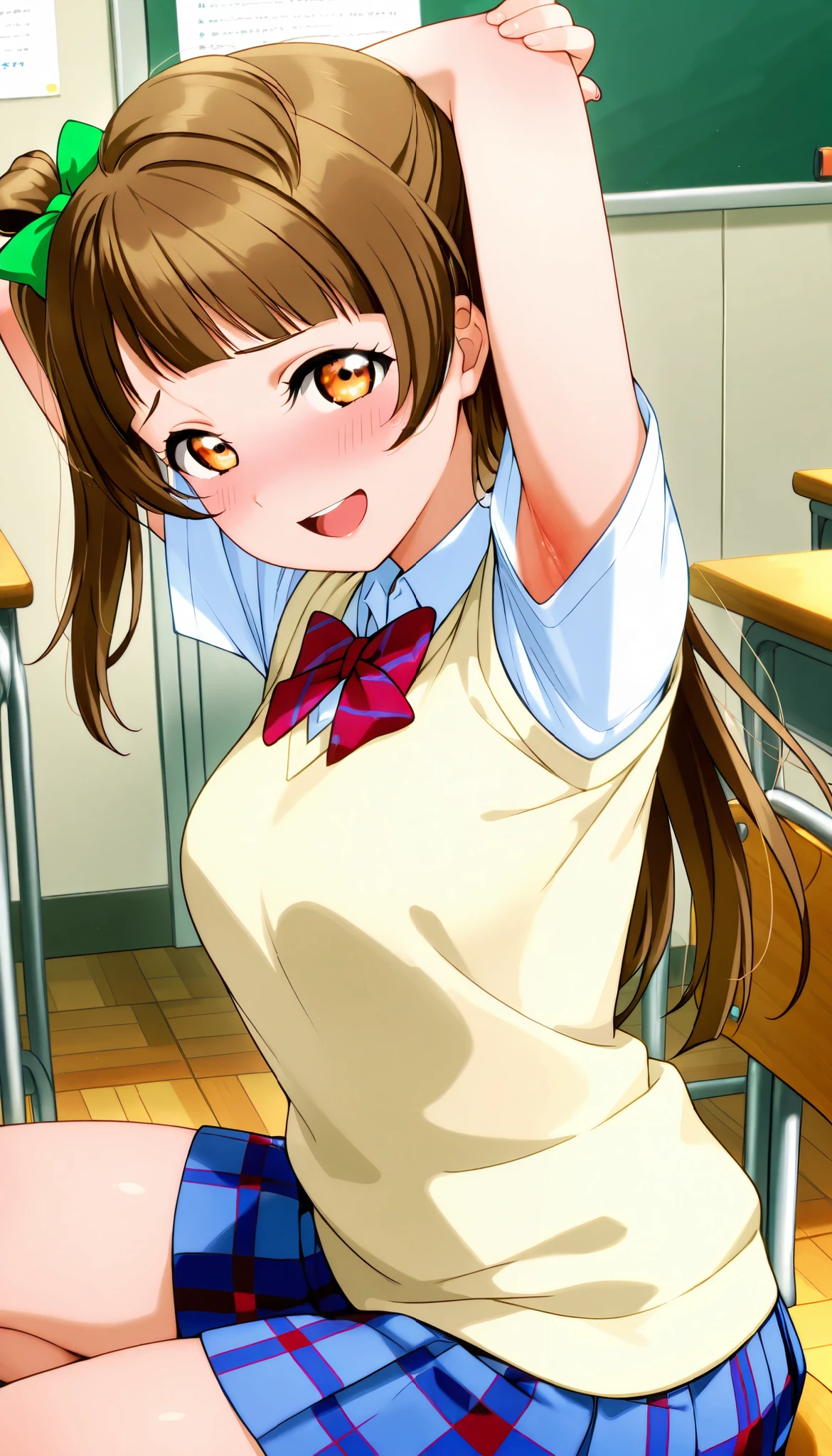 lovelive_kotori,
sweater vest, short sleeves, blue plaid skirt, red bowtie, breasts, grayish brown hair, green hair bow, bangs, one side up, long hair, amber eyes
,BREAK, armpit, arms over head, focus on armpit,
smile, ,scorn,open mouth, (cheerful),looking down at viewer,\(red blush\), embarrassed,
BREAK,
,sitting,looking down at viewer,Squatting,
from side,show armpit from short sleeves,
((masutepiece,hight resolution)), masutepiece, Best Quality, , absurderes, Perfect Skin, Detailed skin texture, ultra-detailliert, 8K, Intricate details, beautifull detailed face,hight resolution, 1girl ,from front,
indoors,class room