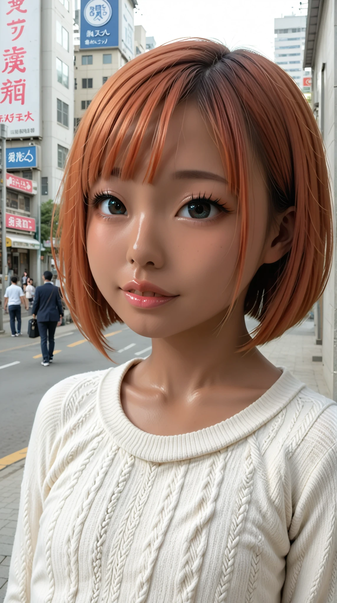 cute Japanese woman, (( gyaru)), ((round face)), (:1.2), ultra high details, natural skin texture, skindetailpxl, fluxenh4nce , detailxl, ((dark tanned skin:1.4)), perfect skin, ((shiny skin:1.5)), extremely beautiful face, realistic, elegant woman, well defined nose, HDA_AssFocusIL, ((ginger hair:1.3)), ((strait short bob cut hair)), (bangs), glossy lips, not korean-like, no korean characteristics, (flat chest), ((big eyes like a cartoon)), ((long lashes)), ((gal style makeup:1.3)), ((gal style eye shadow:1.3)), dynamic lighting, ((fascinated expression)), (looking at viewer), (standing), (side biew), ((medium close-up shot:1.3)), (knitted sweater dress), (Glyco, Osaka, Japan , scenery, real world location, poster, (object), building, outdoors, realistic, photo background, neon light, neon sign)