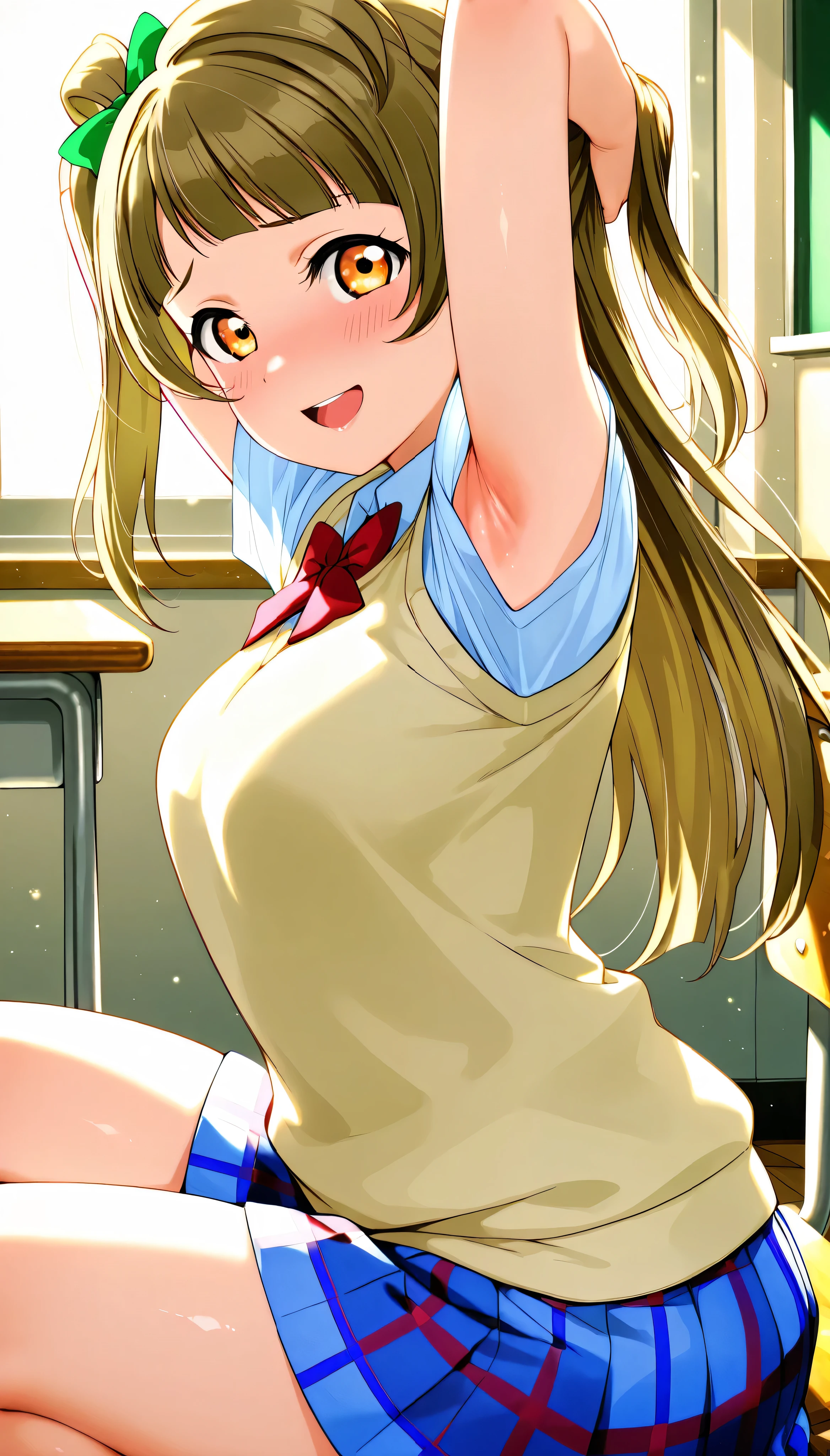 lovelive_kotori,
sweater vest, short sleeves, blue plaid skirt, red bowtie, breasts, grayish brown hair, green hair bow, bangs, one side up, long hair, amber eyes
,BREAK, armpit, arms over head, focus on armpit,
smile, ,scorn,open mouth, (cheerful),looking down at viewer,\(red blush\), embarrassed,
BREAK,
,sitting,looking down at viewer,Squatting,
from side,show armpit from short sleeves,
((masutepiece,hight resolution)), masutepiece, Best Quality, , absurderes, Perfect Skin, Detailed skin texture, ultra-detailliert, 8K, Intricate details, beautifull detailed face,hight resolution, 1girl ,from front,
indoors,class room