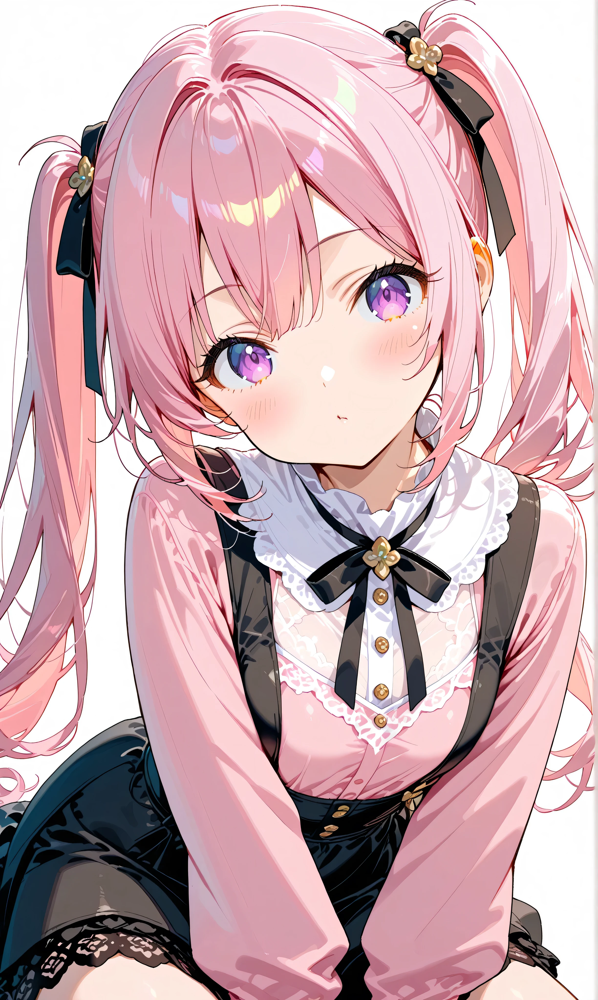(watercolor:0.4), ( pastel :0.6), 1 girl, Jet black with subtle pinkish highlights , Long twin tails tied with a ribbon , crouch in a relaxed position , Blushing cheeks , Tilt your head slightly at an angle , Pastel pink ruffled top and 、 Sophisticated black with lace accents and ribbons。pair with a suspender skirt、 Harmonious pink and black palette , Simple white background that accentuates the character .