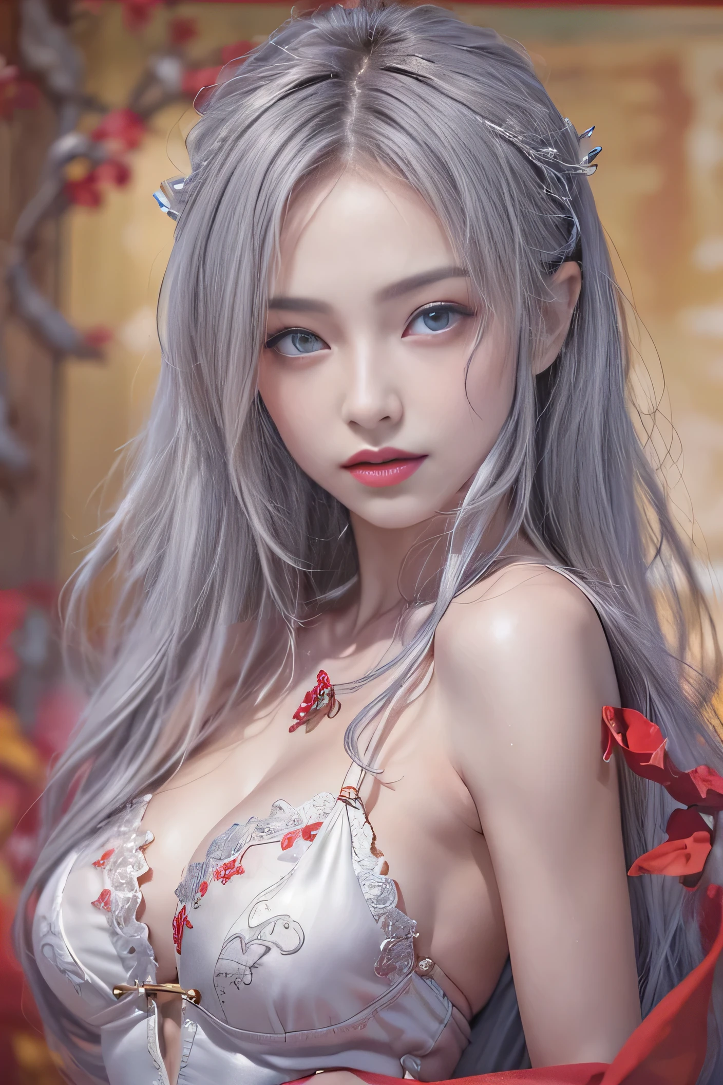 (hyperrealistic), (illustration), (high resolution), (8K), (extremely detailed), (best illustration), (beautiful detailed eyes), (best quality), (ultra-detailed), (masterpiece), (wallpaper), (photorealistic), (natural light), (rim lighting), (detailed face), high detailed realistic skin texture, anatomically correct, solo, 1girl, (high detailed realistic short hair), (white hair:1.3), (heterochromic eyes), (detailed green eyes), (small moles under the eyes), (realistic huge breasts:1.3), (cleavage), (bare shoulders), (long legs), (tight abs), (dynamic pose), (closed lips:1.3), (full body),