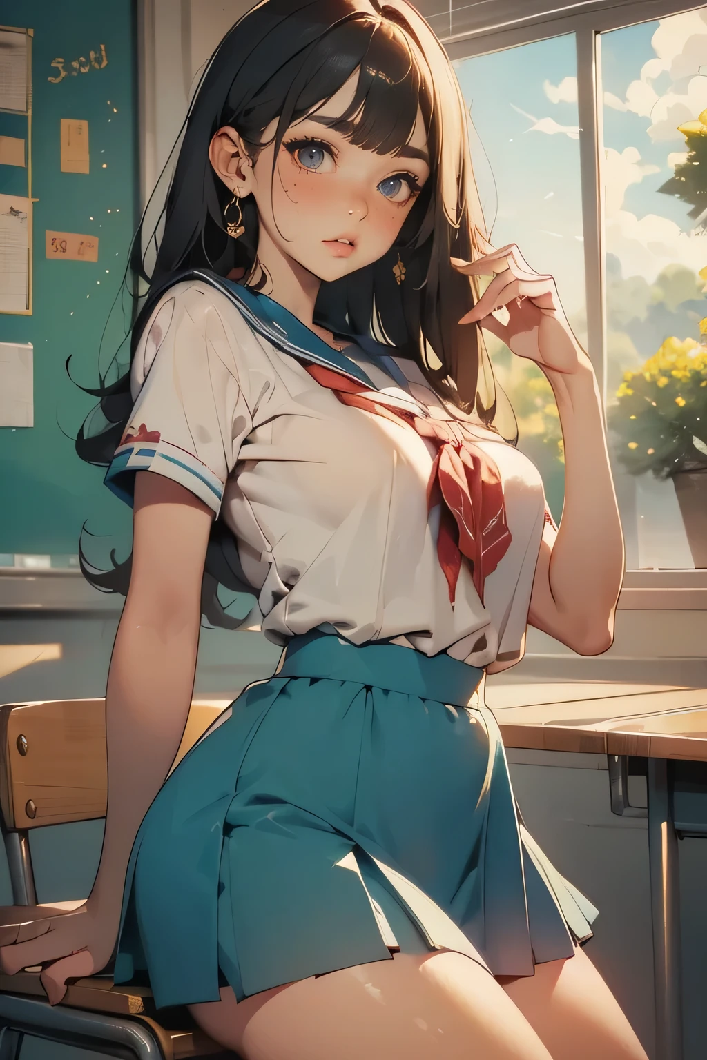 A female student wearing a sailor uniform,classroom table ,detailed illustration, beautifully detailed eyes, beautifully detailed lips, very elaborate eyes and face, long eyelashes, School setting , complicated details, bright colors, soft writing, High Resolution, best quality, 8k, masterpiece, Digital Art , colorful, photorealistic to tilt your head to the left, very detailed, dynamic configuration, dramatic lighting