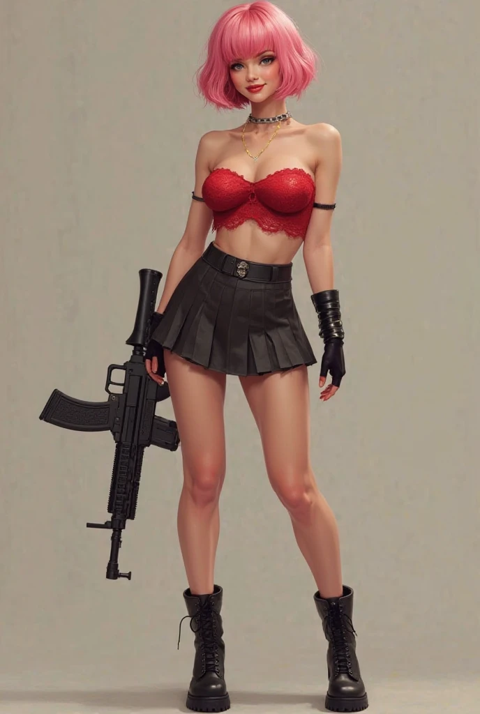 (Masterpiece, plain background:1.2) Blackest blacked dark skin elf 1sologirl (8k, best quality, masterpiece:1.2) (realistic, photo-realistic:1.37) (full body) 1female solo girl, standing straight symmetrical contrapposto 2legs apart (wide stance) ultra detailed, cute (beautiful detailed eyes) (smile:1.2) (closed mouth) (red cheeks) sharp focus, depth of field, good composition, very long straight WHITE SILVER hair, hair bang ((red eyes)), intricate, bokeh (Tetsuya Nomura style) perfect knockers, white tank top, black thong, suspenders, red gloves gauntlets, white stockings, toned body, athletic, wide hips, thin waist, toned arms, exposed abdomen, abs toned, navel, big belly button belt, view from behind