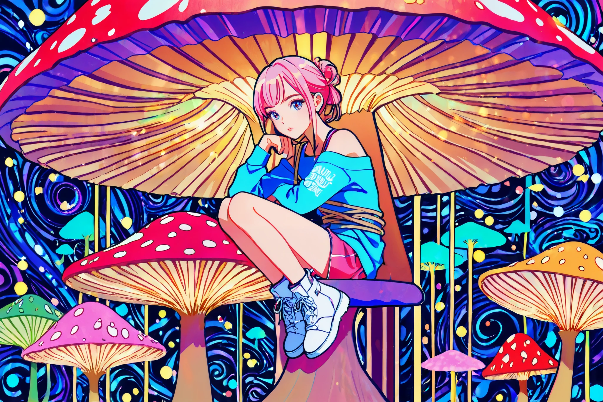 1 girl crouching, beautiful 18 year old girl ,Pink hair tied up,bare shoulders,Sitting on a giant mushroom,elegant,chic,【Contemporary,fashionable, is dull,soft writing,art nouveau,psychedelic anime style,colorful,Trippy,bright colors,Bokeh