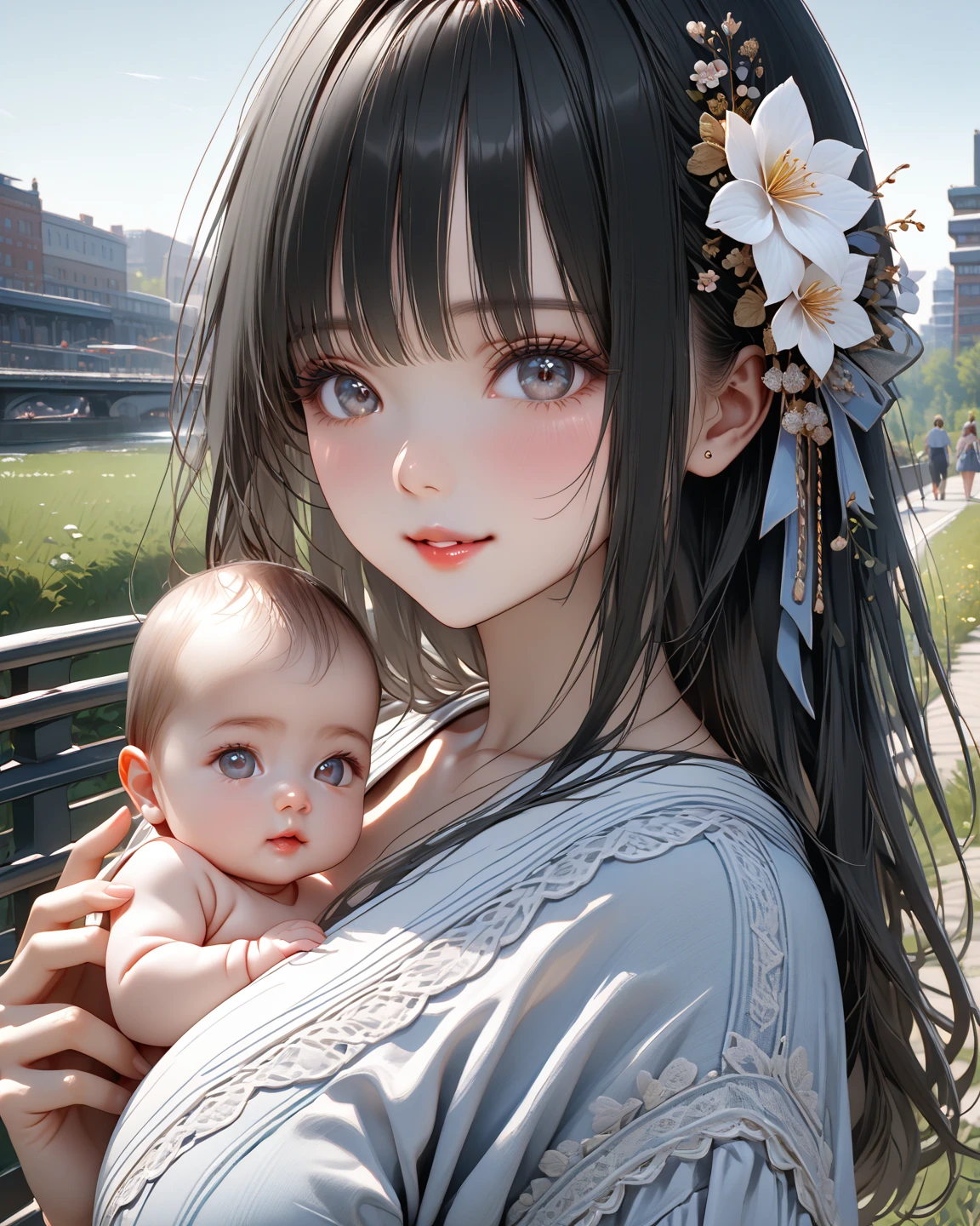 high resolution, Masterpiece, Anatomically correct, qualityที่ดีที่สุด, details, detailsสูง, quality, detailsมาก, high resolutionสุด, realistic textures, โมเดลhigh resolution, childเล็ก, long hair, black hair, Double braids, Two braids, bright eyes, smiling, purple eyes, headband, Wearing a pink dress,childตัวเล็ก, childน้อย, child,baby, ถือตุ๊กตากระต่าย