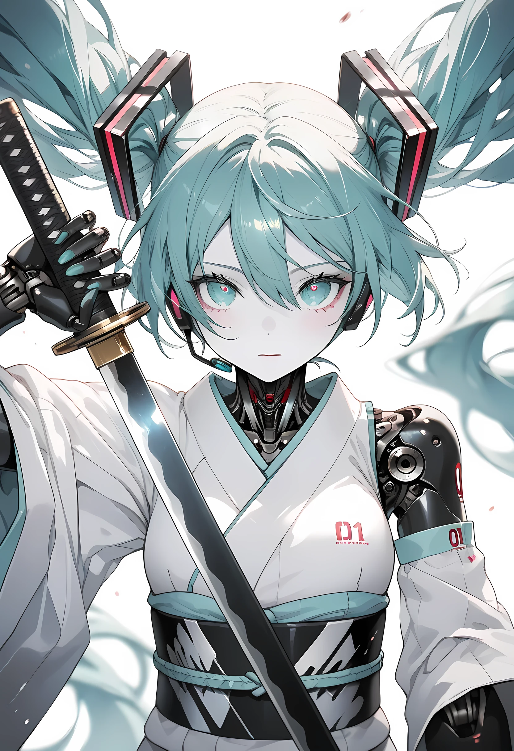 detailedanimegirl,masterpiece, best quality,high quality, newest, highres,8K,HDR,absurdres,dynamic pose,dynamic action, hatsune miku,1girl, solo, long hair, looking at viewer,ultra_detailed_eyes,white kimono,holding katana, very long hair, upper body,science fiction, white skin, straight-on, android, joints, robot joints, mechanical parts, robot girl,dynamic pose, dynamic composition,dutch angle, depth of field