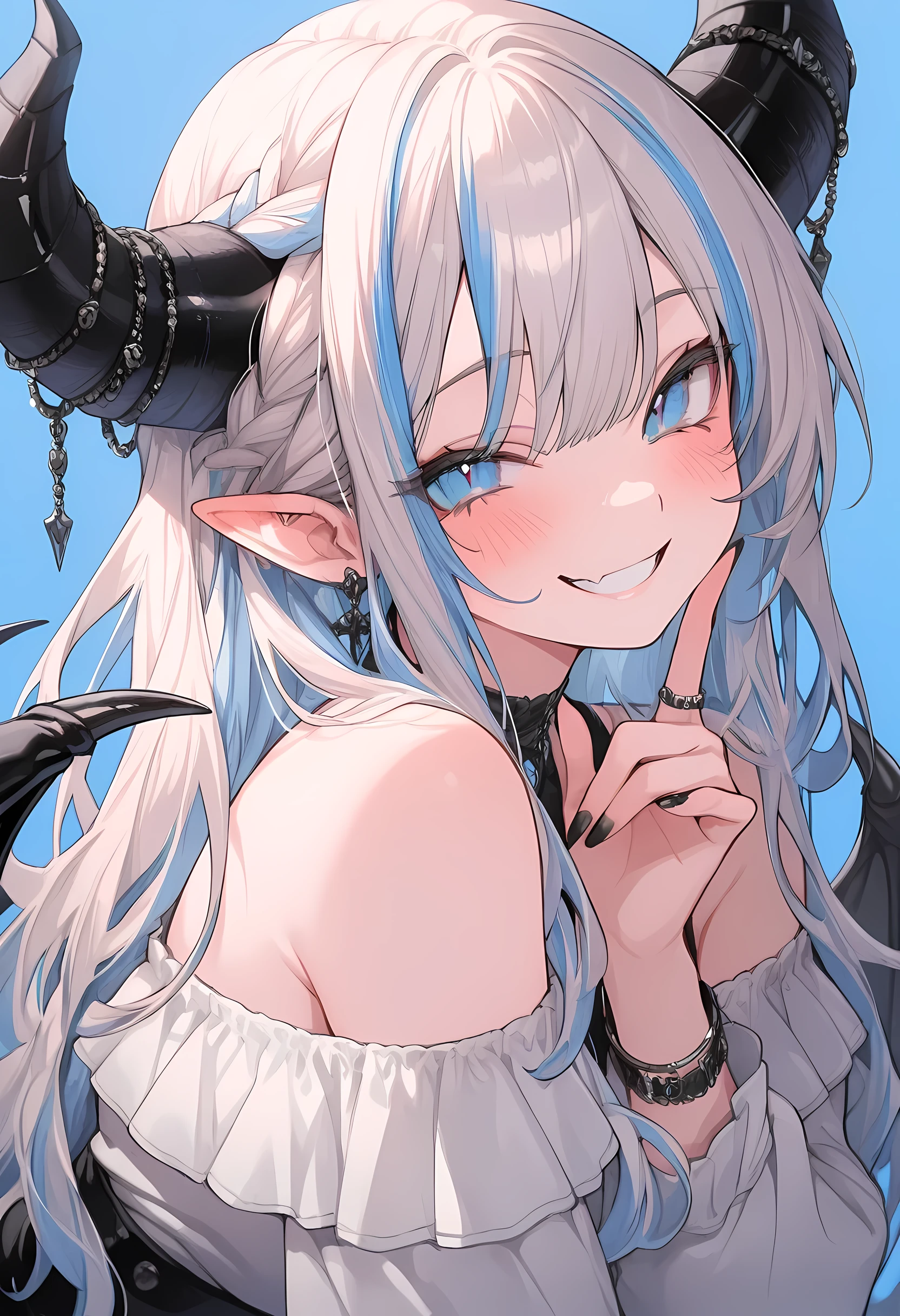 detailedanimegirl,masterpiece,best quality,1girl, upper_body, solo, grin, smile, blush, blue_eyes, horns, jewelry, bangs, braid, streaked_hair, multicolored_hair, pointy_ears, off_shoulder, black_nails, demon_wings, looking_at_viewer, blue_background