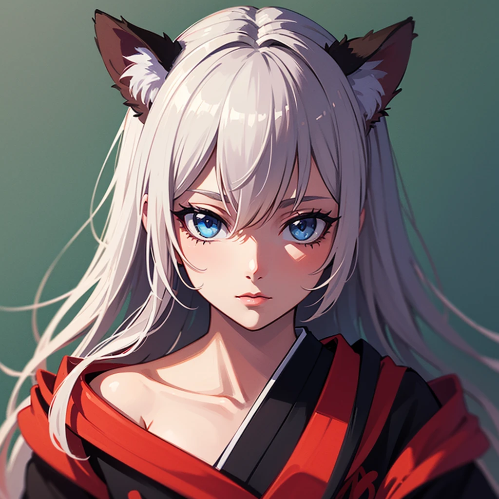 Solo Subject, white hair, white cat ears, ((dark tan skin)), (red eyes), (((catgirl))), ((samurai), ponytail, forehead, japanese landscape background, upper body