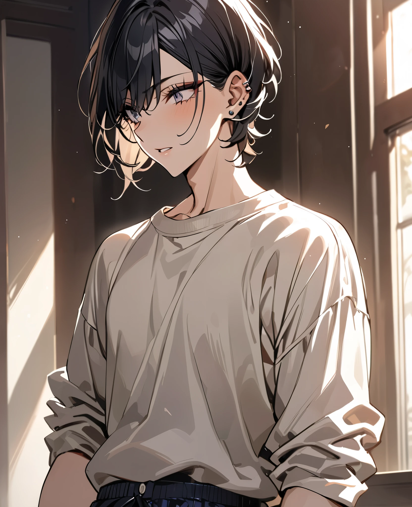 ((masterpiece, best quality)), androgynous male, feminine features, short hair, bob cut, delicate jawline, soft eyes, long eyelashes, glamor build, slightly feminine body shape, gentle expression, fair skin, subtle makeup, ear piercings, casual stylish clothing, ambiguous gender presentation, bishonen, pretty boy, (high quality), perfect lighting, detailed face, natural pose