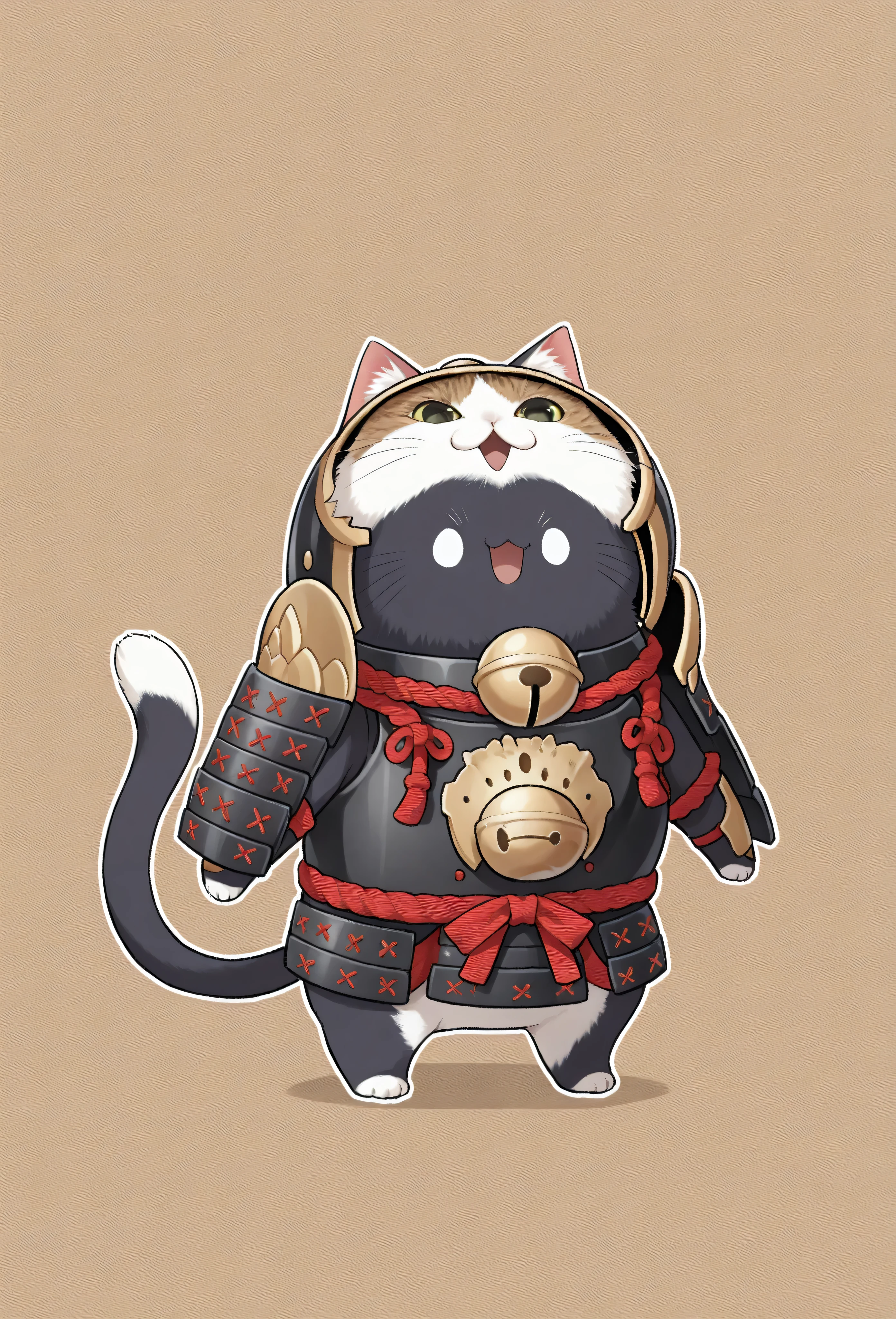 (masterpiece, best quality:1.2), animal focus, no humans, chibi-style cat, 2-head proportions, samurai armor with comically large helmet and bell on collar, holding a giant fish triumphantly over its head in one paw while the other paw rests on its hip confidently, open mouth with an excited "meow!"