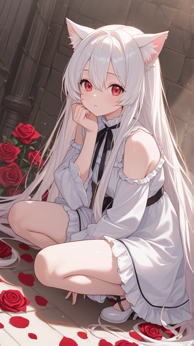 One Girl, Solo, ((Large: 1.4)), ((Hi-Res)), ((Masterpiece)), ((Best Quality)), (Very Detailed)), large_filesize, Full Color, Detailed Background,Long White Hair, Red Eyes, (Eyeliner), Ruins, Outdoor, Lots of Cushions, Cyber Gothic, Red, Sitting, See-Through Dress, Ruins, Night, Roses, Obsolete Interior
