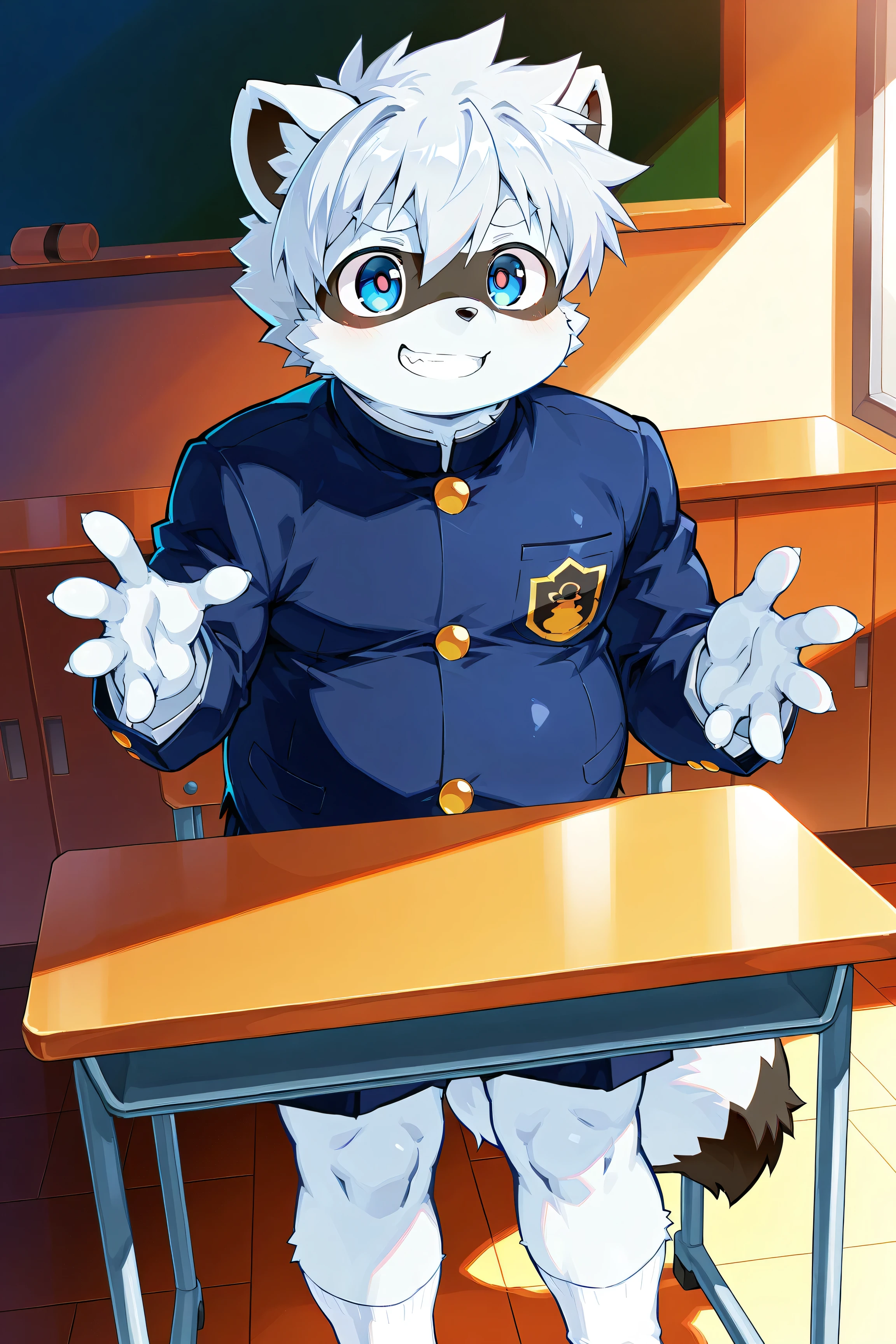 Solo, UHD, Ultra Detailed, Right Hand Structure, Right Body Structure, Right Hand Exponential Volume. Five Fingers, Tail, Little Raccoon, Silver White Body, School Uniform, Brother High School Student, White Socks, Desk, Smiling, Furry, Japanese Animation Style, Male,Shota,fat