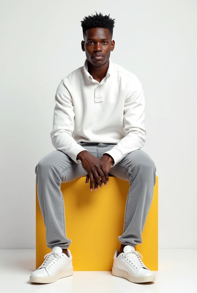 best qualityer:1.4), (ultra high resolution:1.2), (photorrealistic:1.4), (8k, CRU photo:1.2), a thin young man of 20 years old, skin black, with a smooth, beardless face, com cabelo com corte buzzcurt, with shaved sides and a slightly curly top, similar to the fade or taper haircut style, long sleeved manga shirt high throat, light blue jeans that reach the ankles, White sneakers, He is sitting on top of a colorful cube. You are in a photography studio with a white background