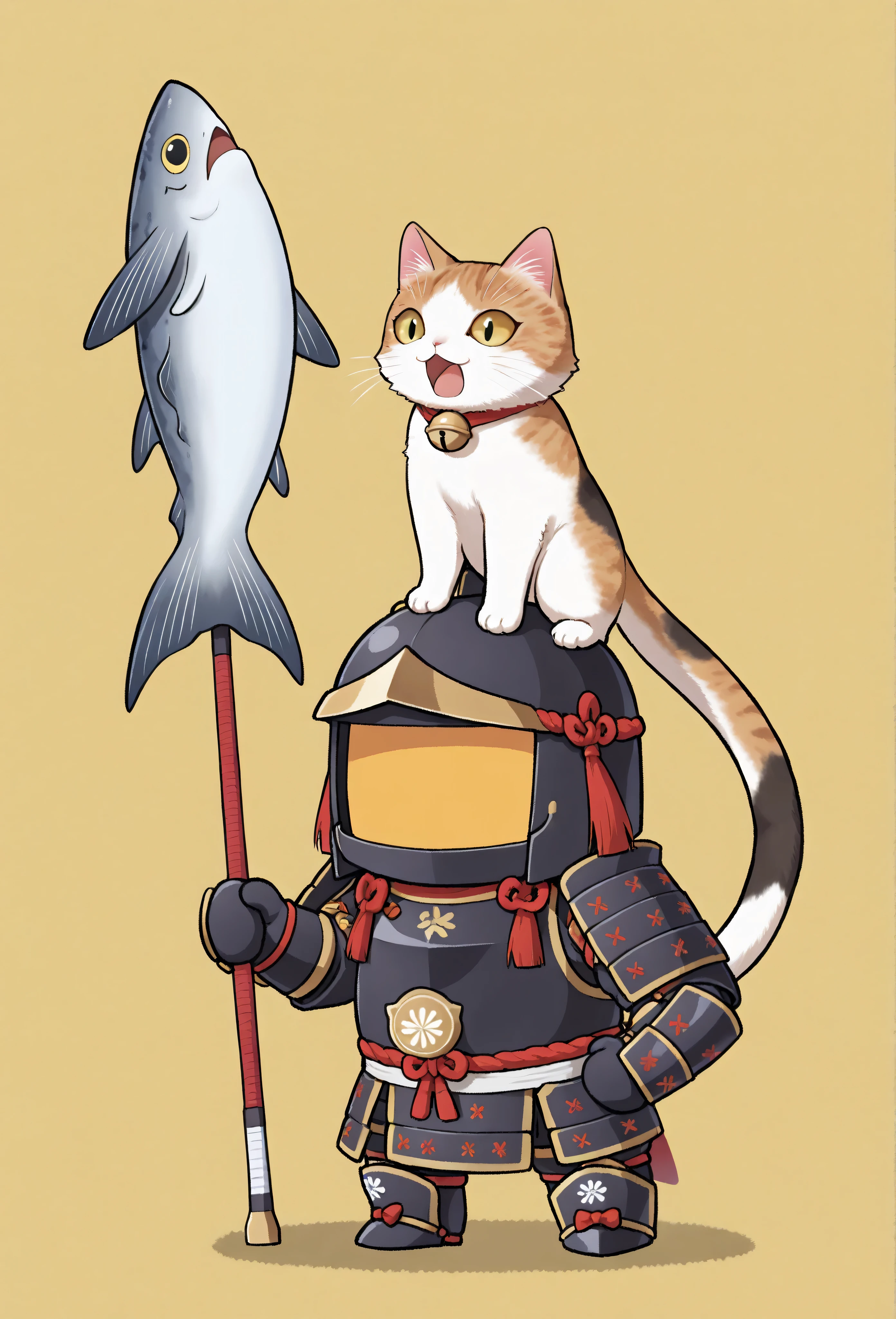 (masterpiece, best quality:1.2), animal focus, no humans, chibi-style cat, 2-head proportions, samurai armor with comically large helmet and bell on collar, holding a giant fish triumphantly over its head in one paw while the other paw rests on its hip confidently, open mouth with an excited "meow!"