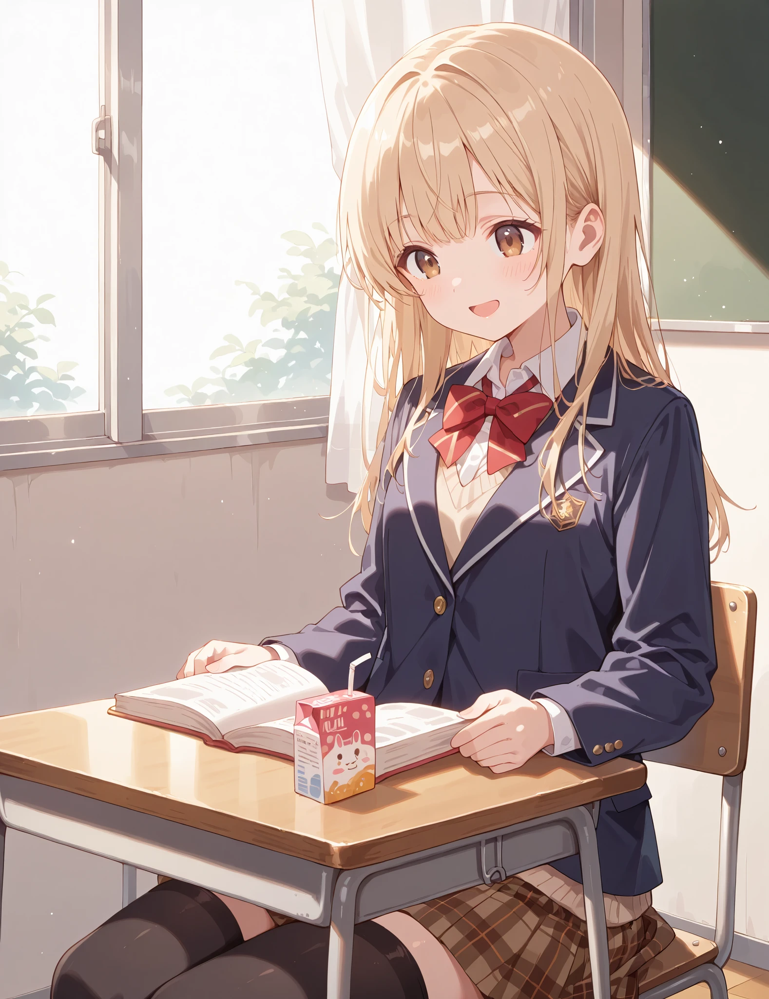 Masterpiece, hires, best quality, cute girl, small breasts, 1girl, blonde hair, long hair, wearing white collared shirt, wearing red bowtie, dark blue blazer, closed jacket, light brown plaid skirt, wearing light brown sweater vest, black thighhighs, brown eyes, Sitting on chair, school desk, reading book, a book on desk, indoor, classroom, smile, opened mouth, juice box on table