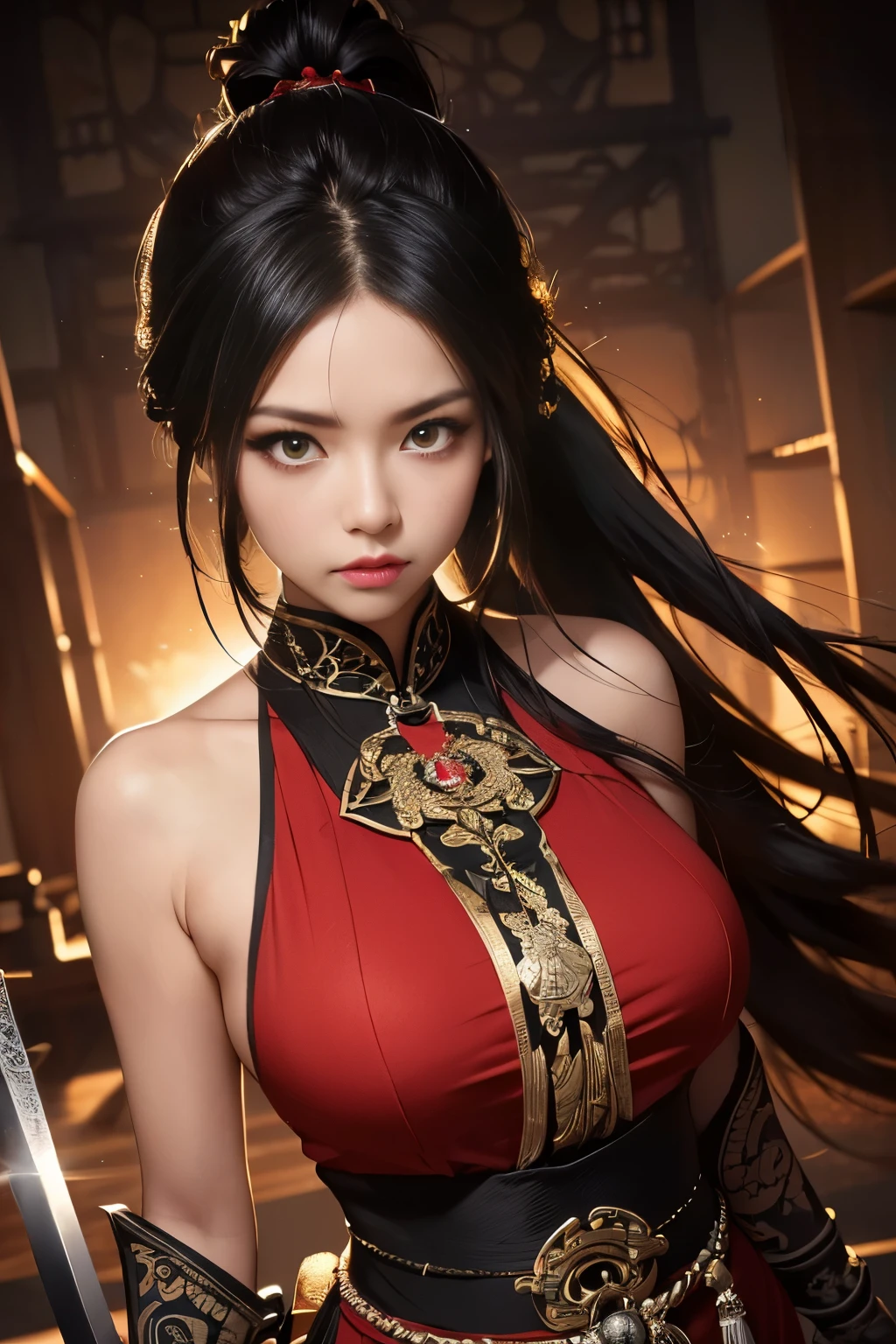 (best quality:2.0),(extremely detailed:2.0),(highly detailed:2.0),(Scene 1:Shirakomachi Akane,an oni girl,wearing a traditional demon warrior outfit with intricate black and red patterns,her long silver hair tied into a high ponytail,her crimson eyes glowing with determination:1.3),(Her pose is standing confidently in a training field,one hand resting on the hilt of her sheathed sword,the other extended as if ready to strike,her body slightly turned to face the viewer with a focused gaze:1.2),(The location is a traditional Japanese dojo,with wooden floors,bamboo walls,and training weapons neatly arranged in the background:0.8),(The composition is a medium shot,Shirakomachi Akane is the sole focus of the image,positioned slightly to the left of the center,her figure glowing under the soft light of the dojo.The background is softly blurred to emphasize her presence:1.0),(The mood is intense and powerful,with a blend of traditional elegance and fierce determination:1.0).(detailed background:2.0)